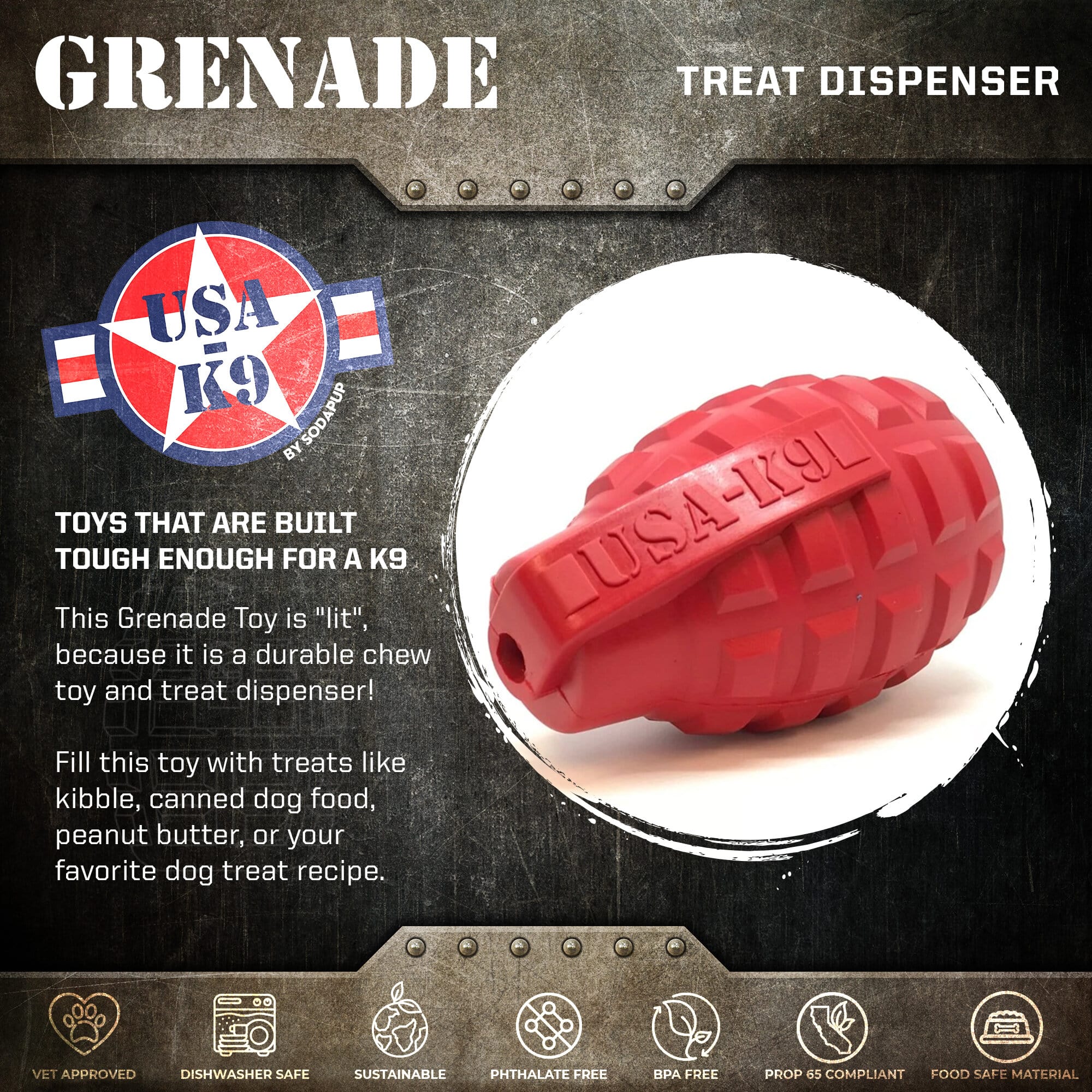 SodaPup USA-K9 Grenade Shaped eDispenser Durable Dog Chew Toy & Treat Dispenser Magnum Black