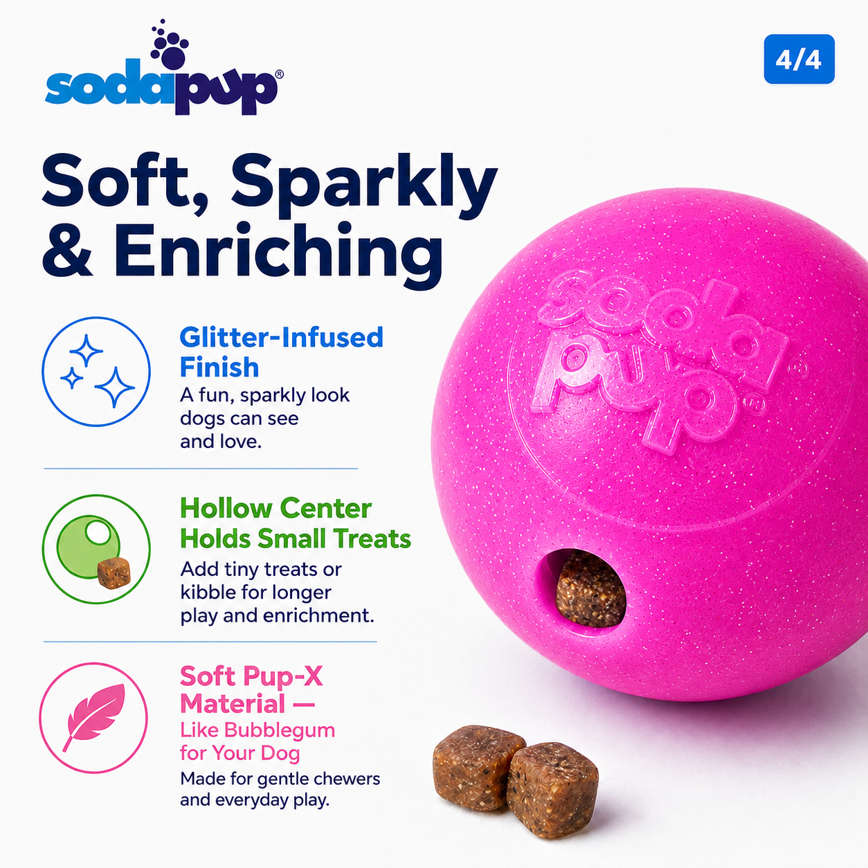 SodaPup Glitter Ball Dog Toy | Soft PUP-X Rubber Floating Fetch Treat Dispenser USA Made