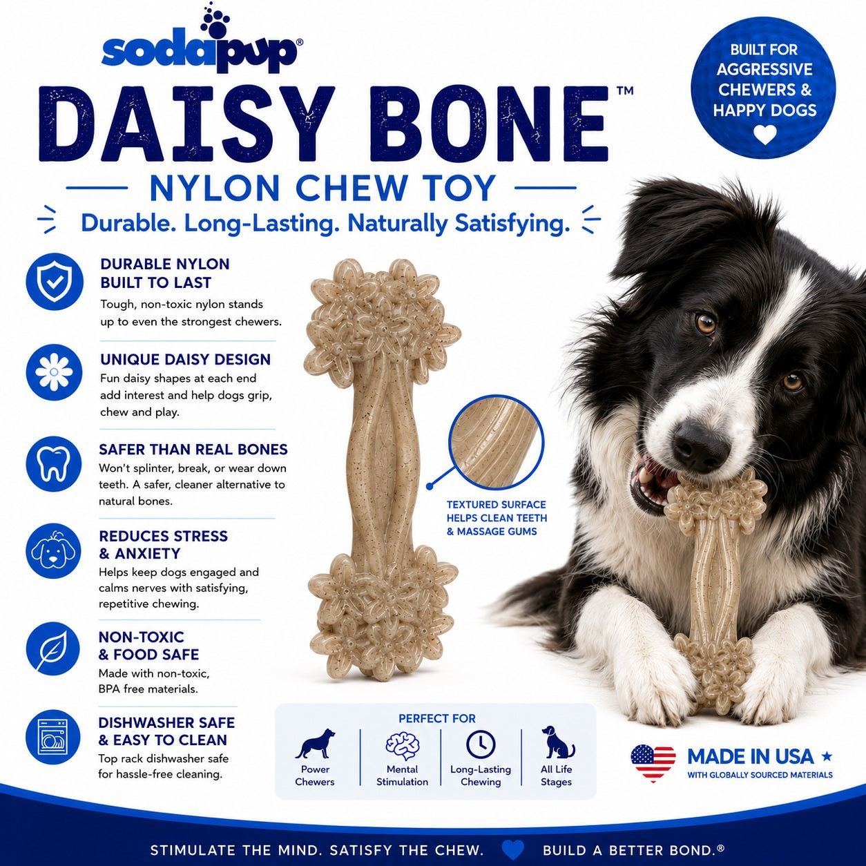 SodaPup Daisy Bone Nylon Dog Toy Aggressive Chewers | Durable USA Made