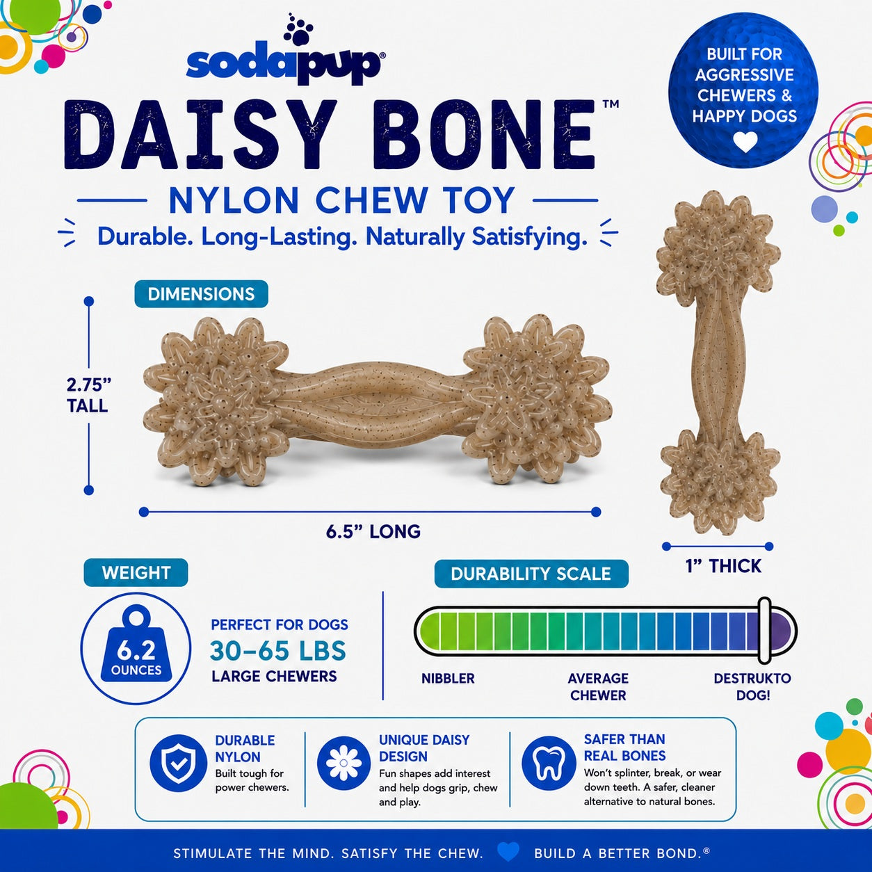 SodaPup Daisy Bone Nylon Dog Toy Aggressive Chewers | Durable USA Made