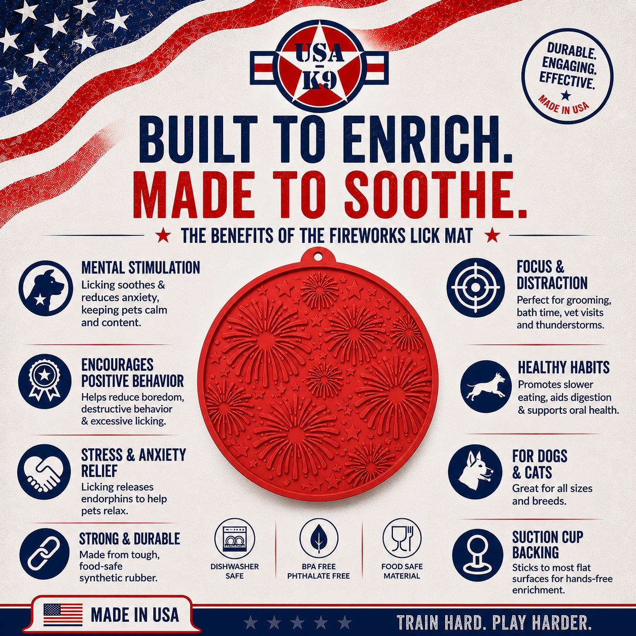 SodaPup USA-K9 Fireworks Design eMat Enrichment Lick Mat Dogs Cats Suction Cups | USA Made