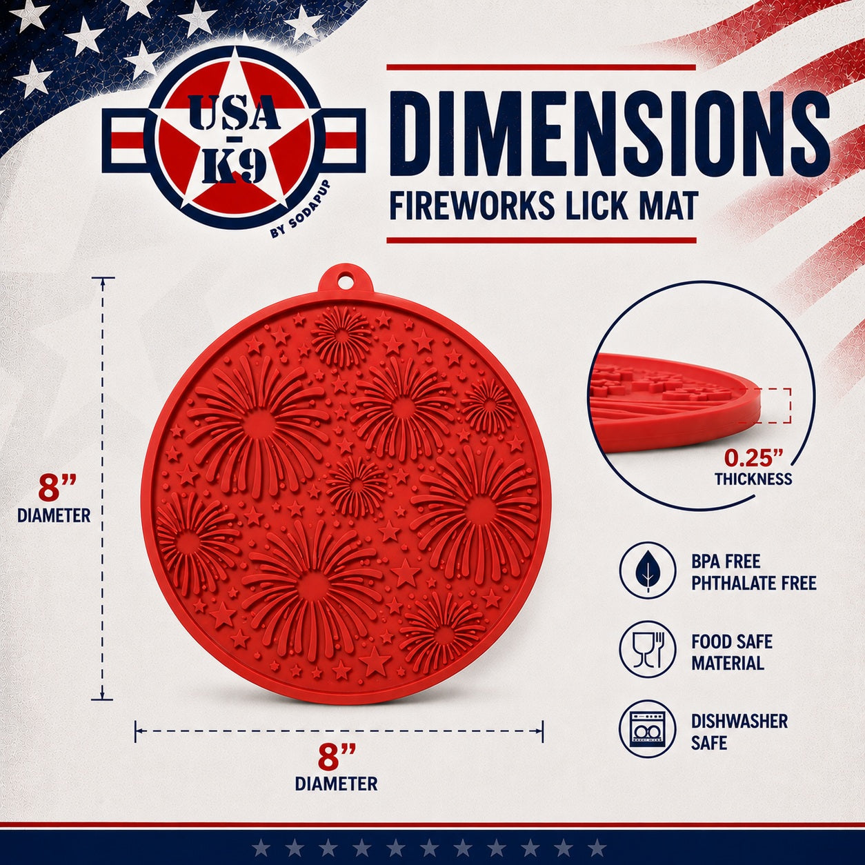 SodaPup USA-K9 Fireworks Design eMat Enrichment Lick Mat Dogs Cats Suction Cups | USA Made