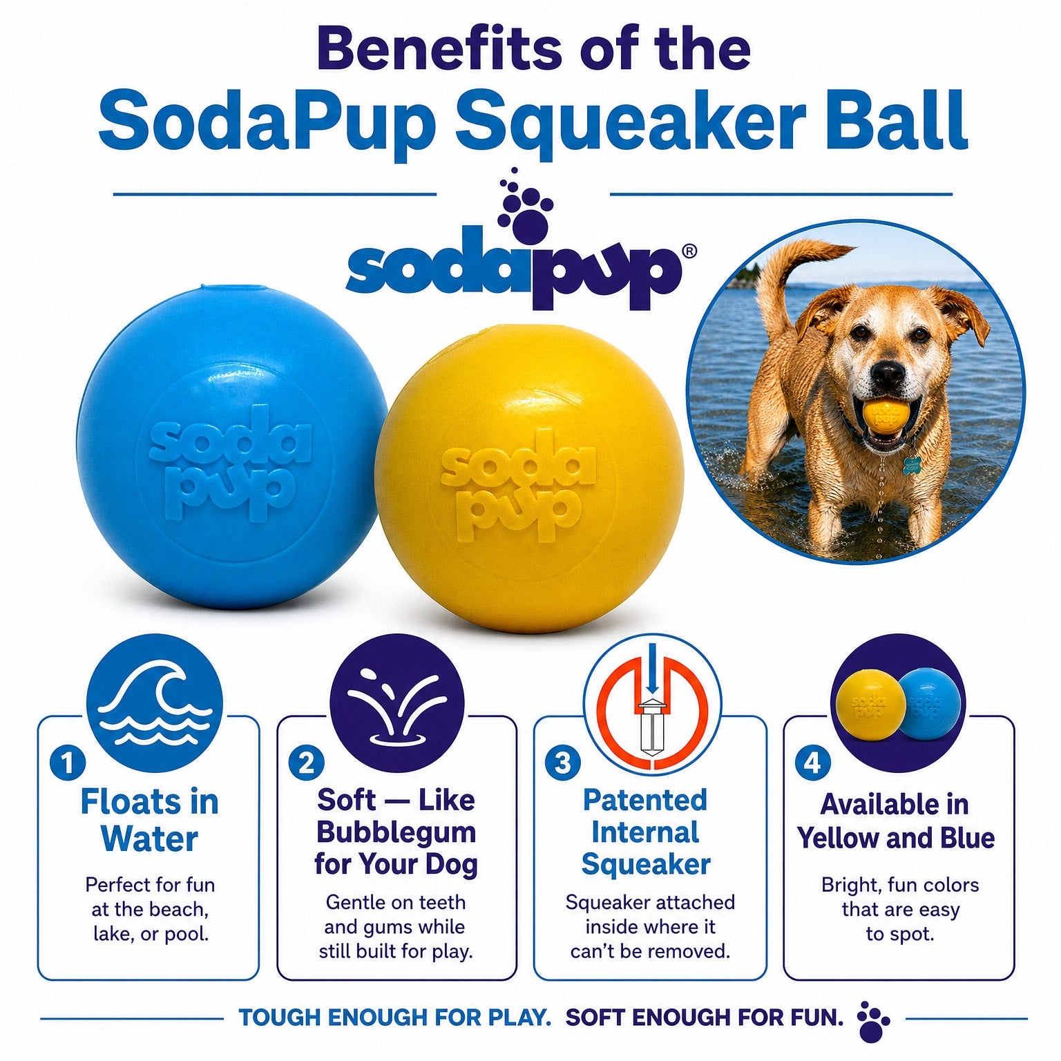 SodaPup Squeak Ball Durable Squeaky Dog Toy, Floats, Chew Toy | USA Made