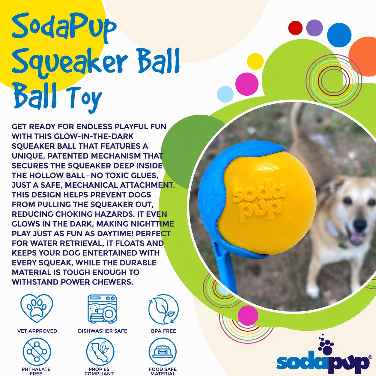 SodaPup Squeak Ball Durable Squeaky Dog Toy, Floats, Chew Toy | USA Made