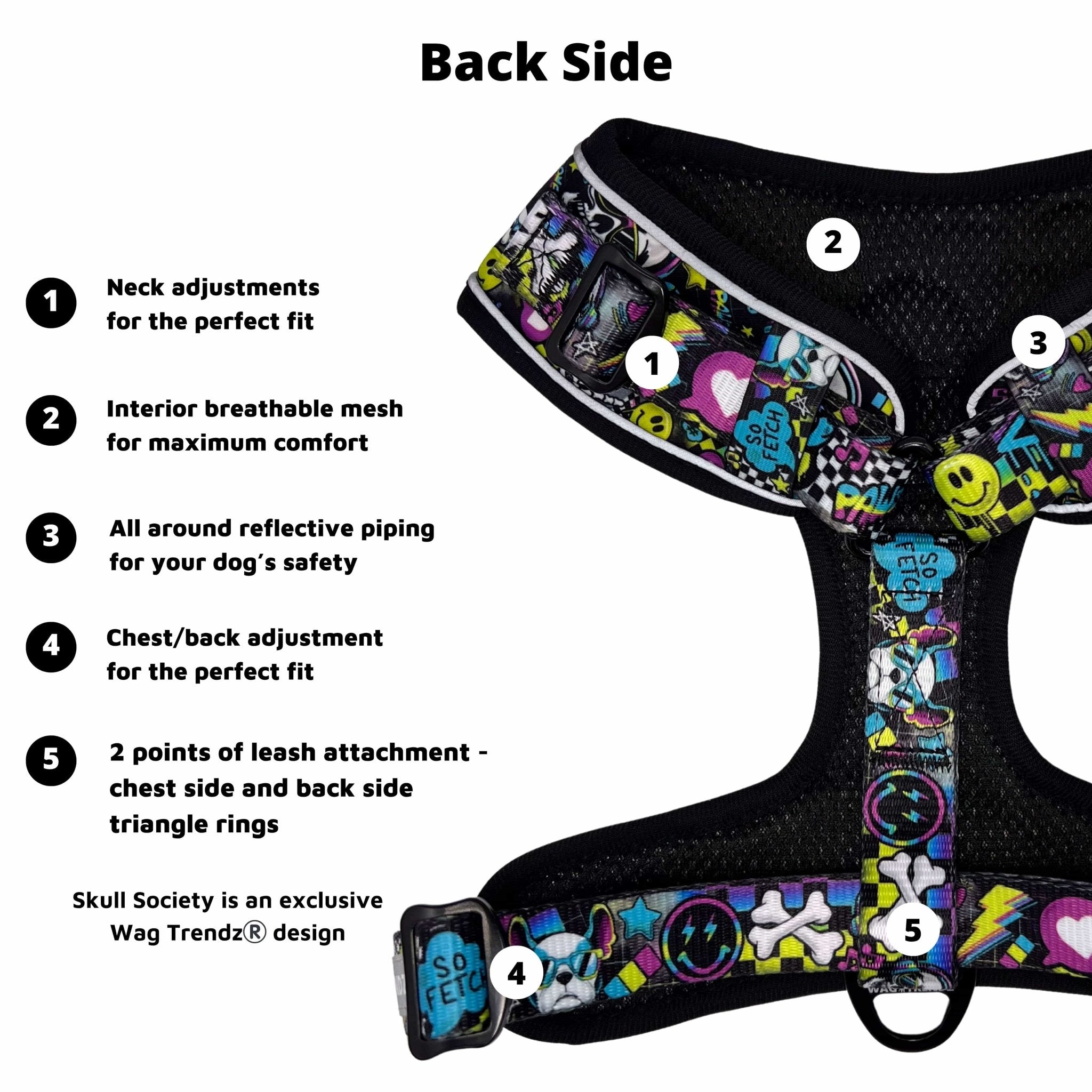 Leash and Harness Set - Skull Society - No Pull Dog Harness and with product feature captions - Back side - against solid white background | Wag Trendz