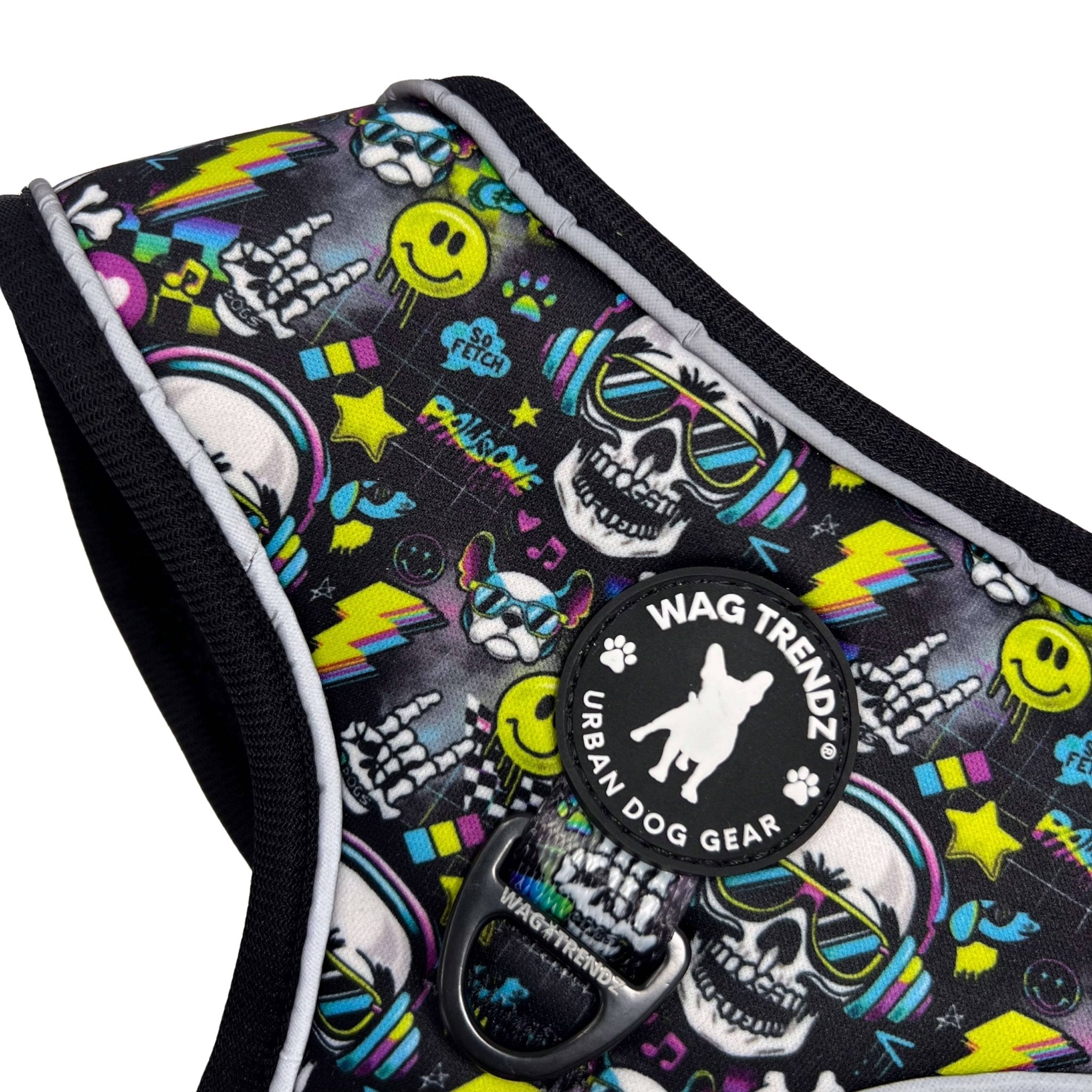 Leash and Harness Set - Skull Society - No Pull Dog Harness up close against solid white background | Wag Trendz