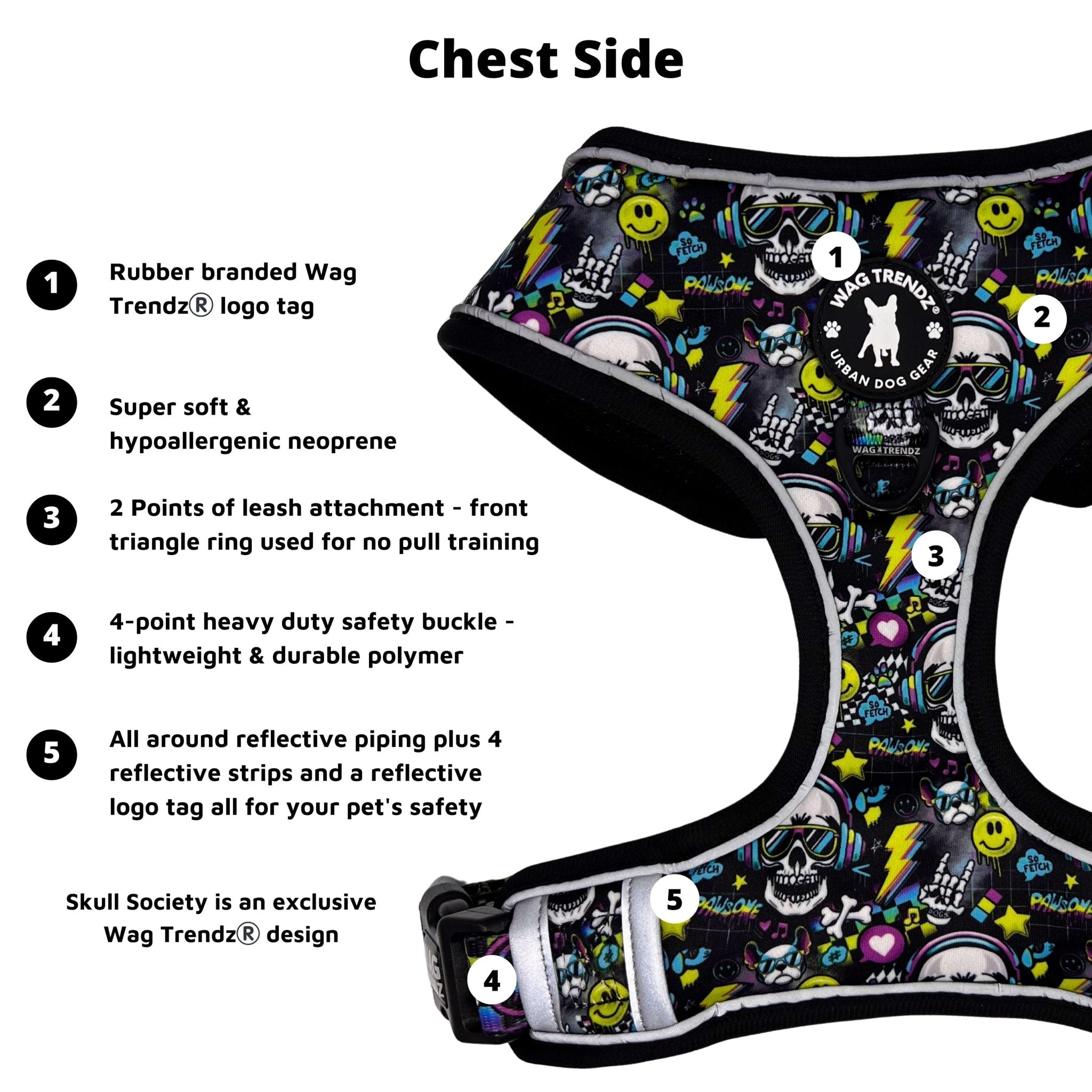 Leash and Harness Set - Skull Society - No Pull Dog Harness and with product features - Chest side - against solid white background | Wag Trendz