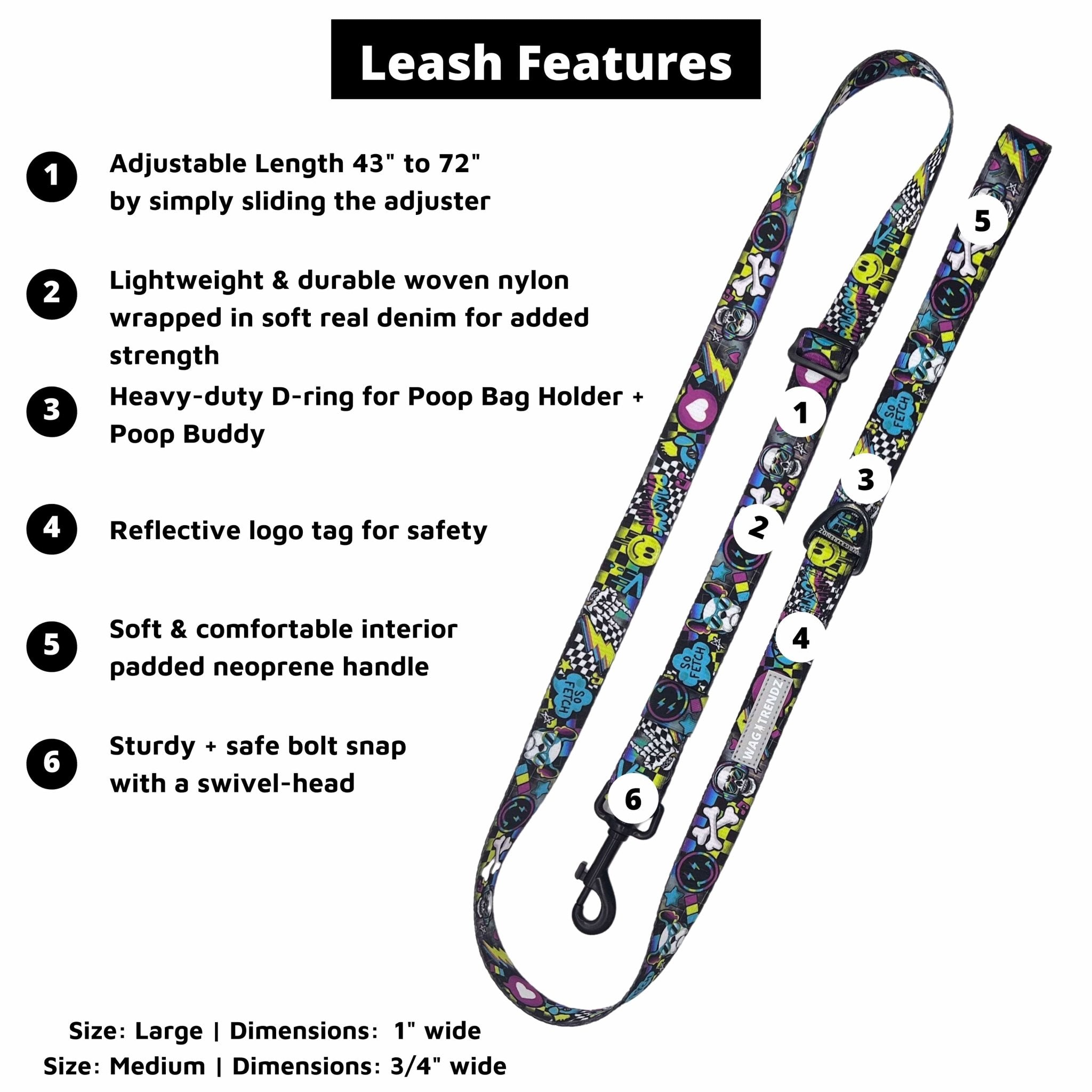 Leash and Harness Set - Skull Society - Adjustable Dog Leash with product features - against solid white background | Wag Trendz