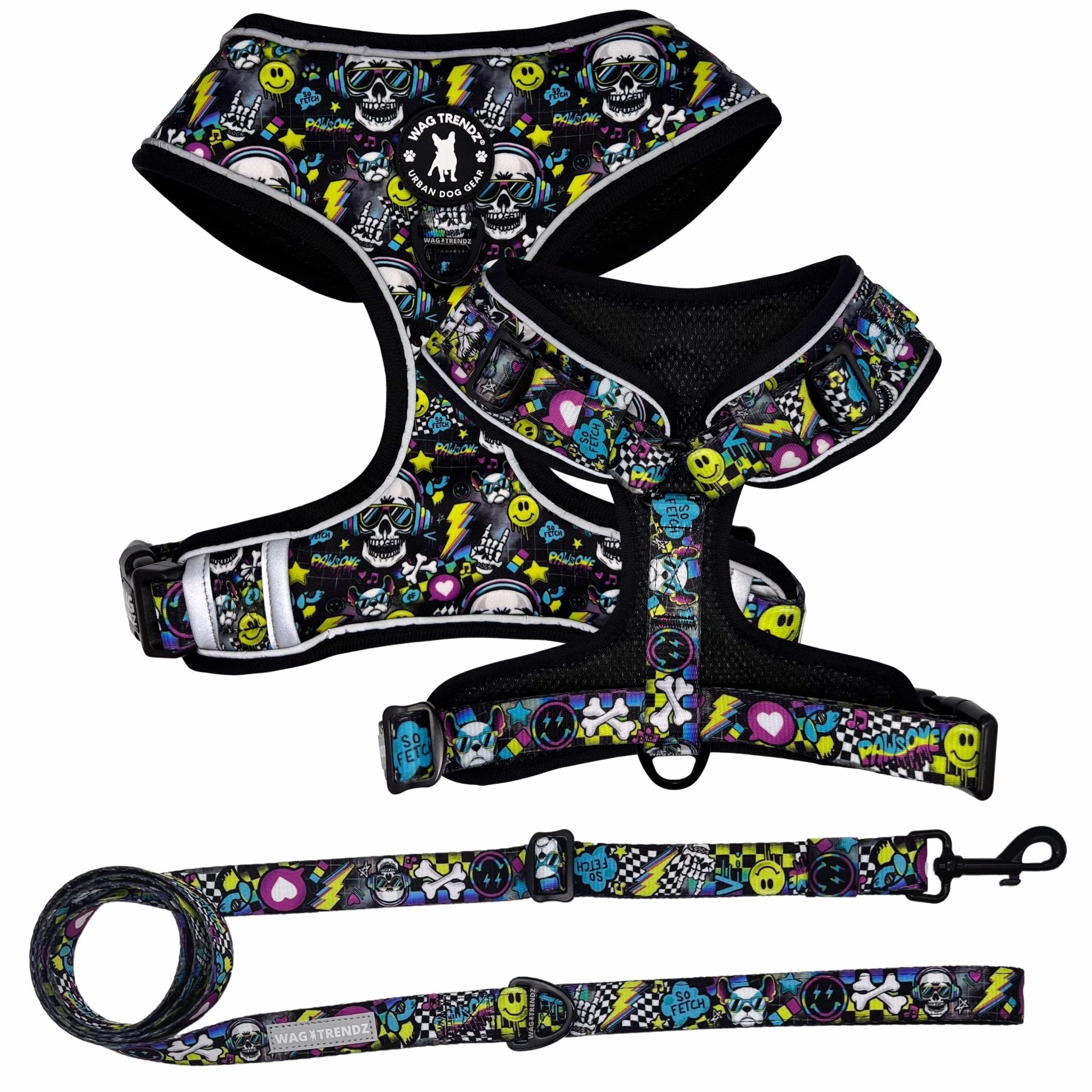 Leash and Harness Set - Skull Society - No Pull Dog Harness and matching adjustable dog leash against solid white background | Wag Trendz