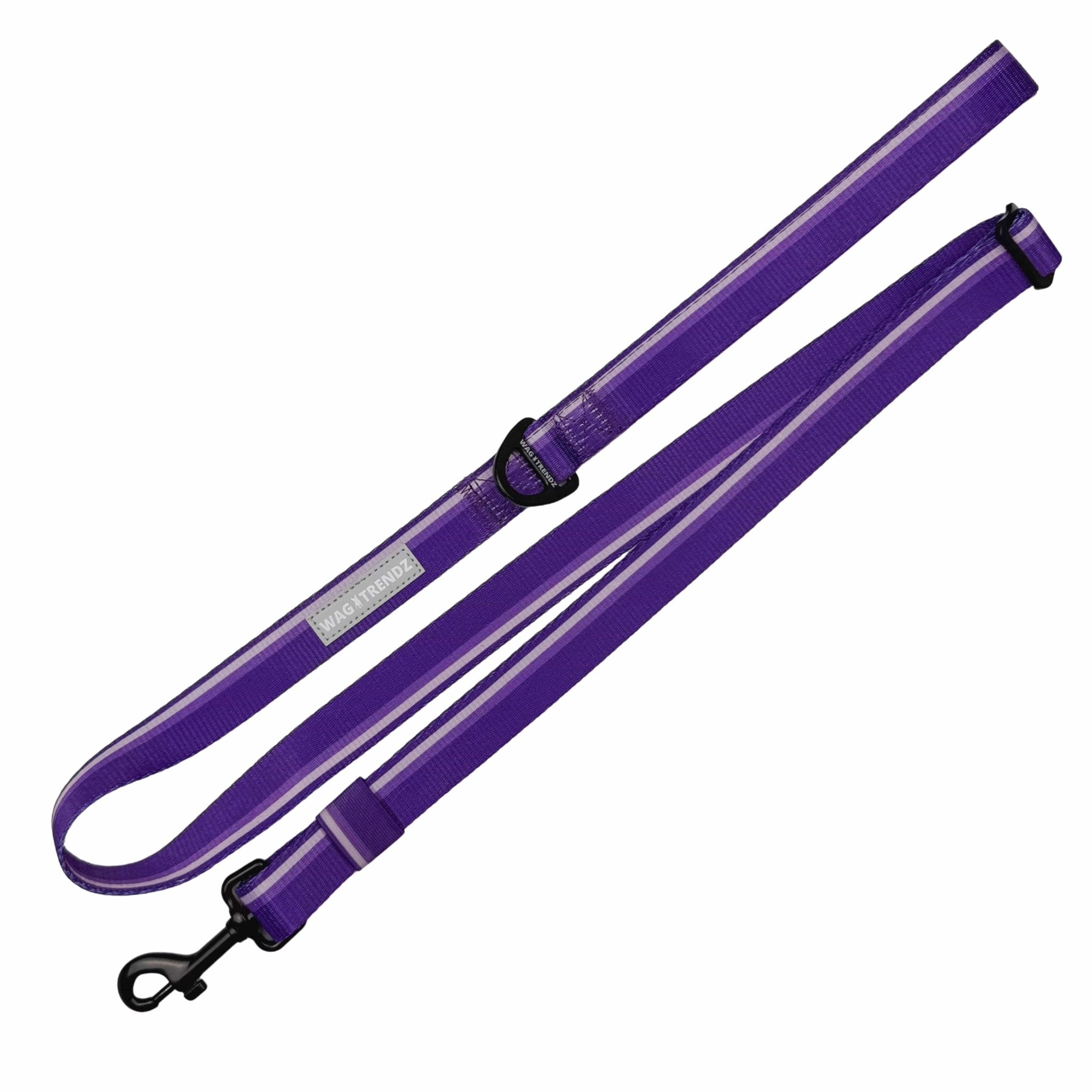 NeoCool Sport Adjustable leash in purple with reflective brand tag and black metal hardware on a white background