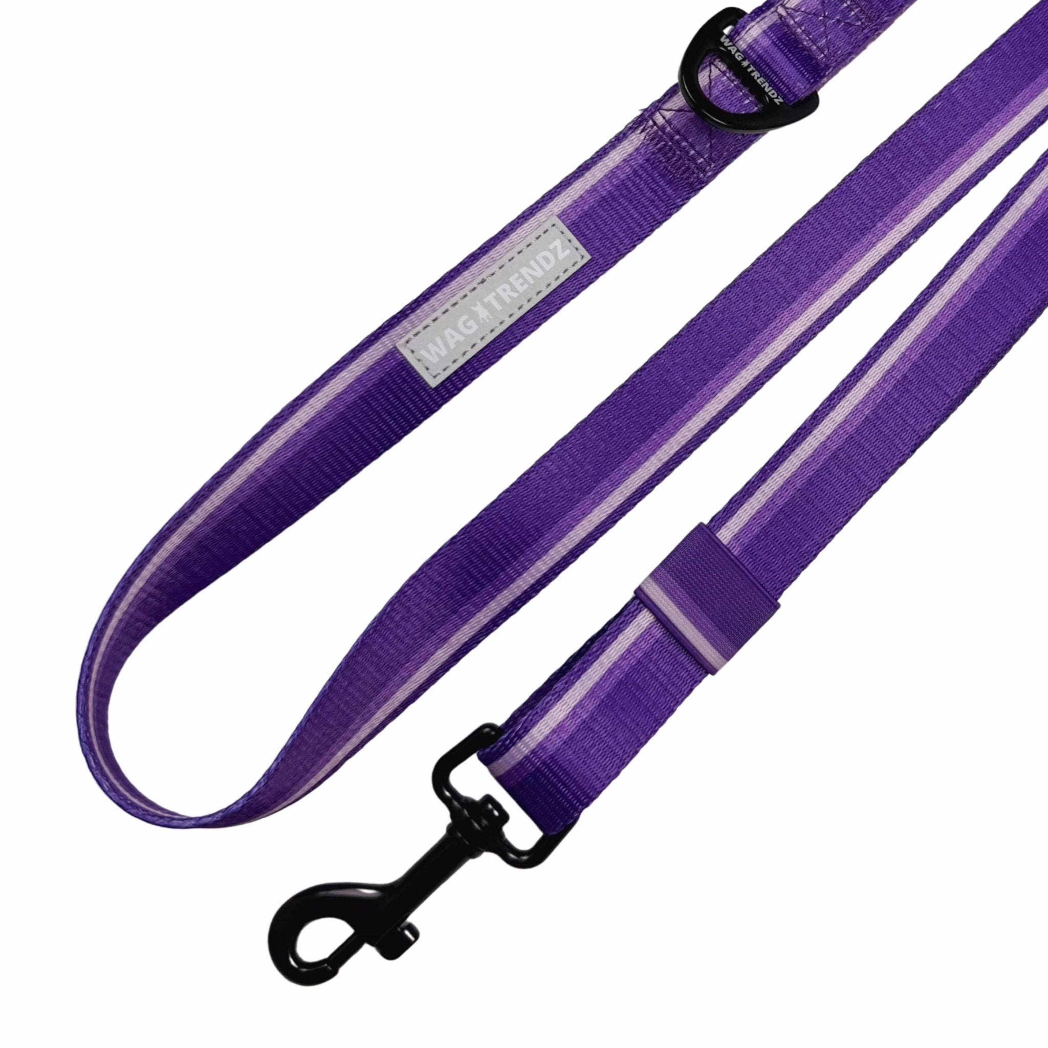 NeoCool Sport Adjustable leash with purple stripe design and reflective 'Wagtrendz' branding on a white background