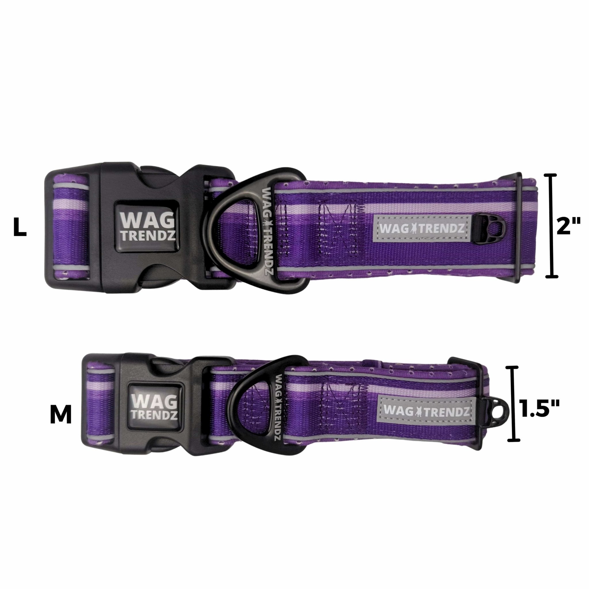 Two NeoCool™ Sport Dog Collars in Purple with measurement labels on a white background with reflective accents, featuring the brand 'Wag Trendz'.