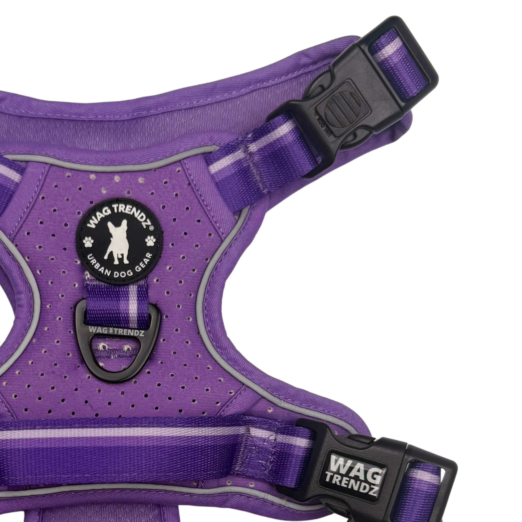 NeoCool™ Sport Dog Harness with Handle in purple with medium and light purple accents with 'Wag Trendz' branding on a white background