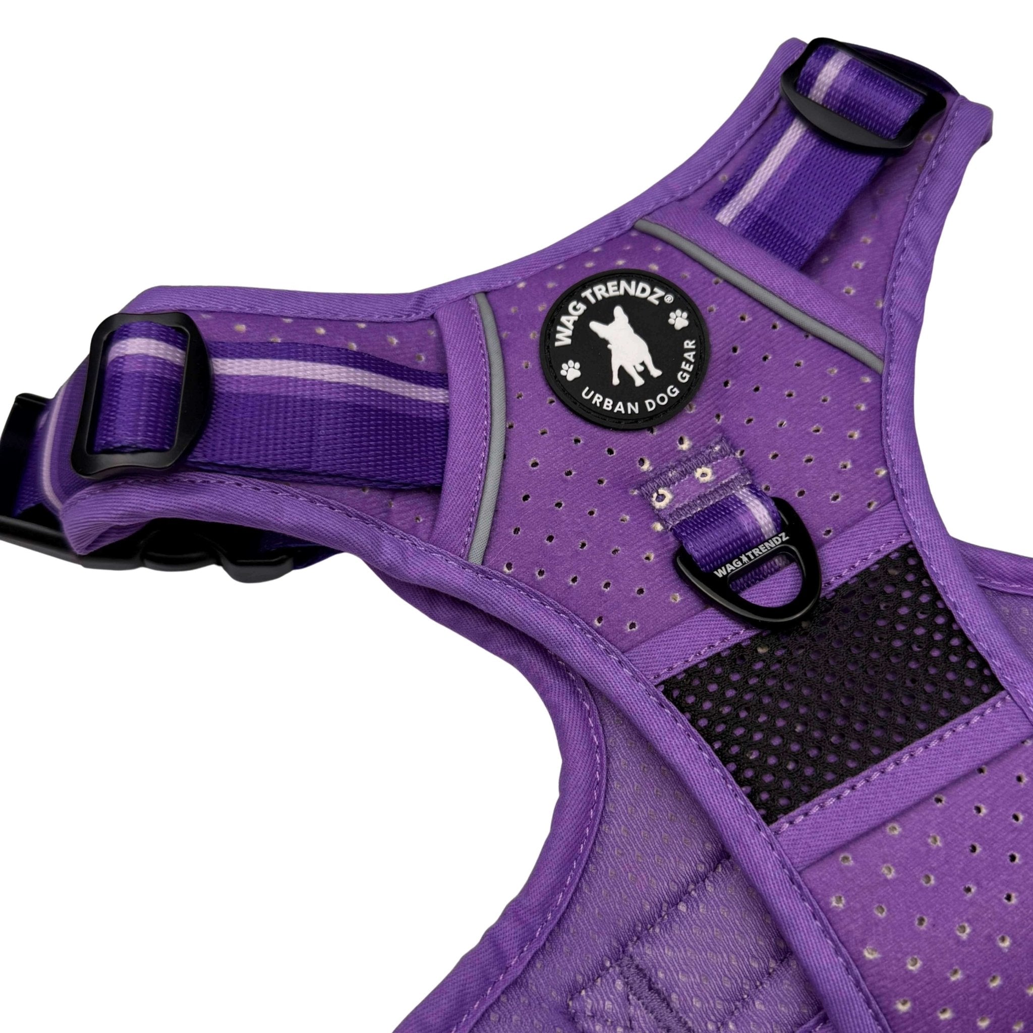 NeoCool™ Sport Dog Harness with Handle in purple with medium and light purple accents with visible 'Wag Trendz' branding on a white background