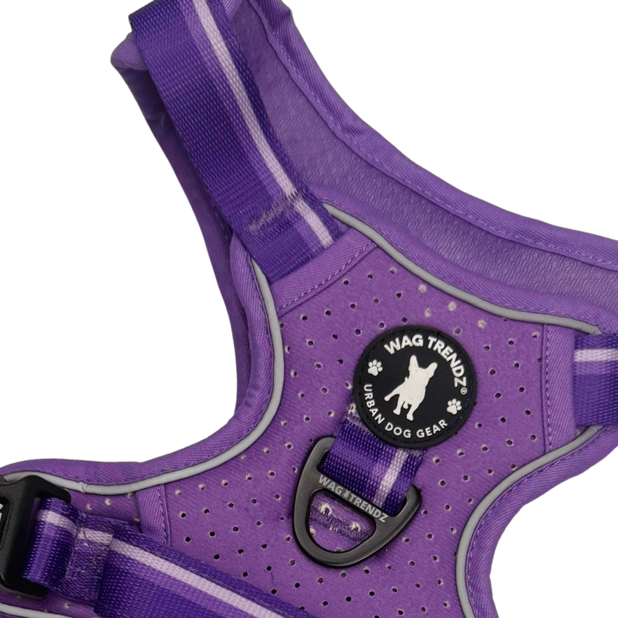 NeoCool™ Sport Dog Harness with Handle in bold purple with medium and light purple accents with 'Wag Trendz' branding on a white background