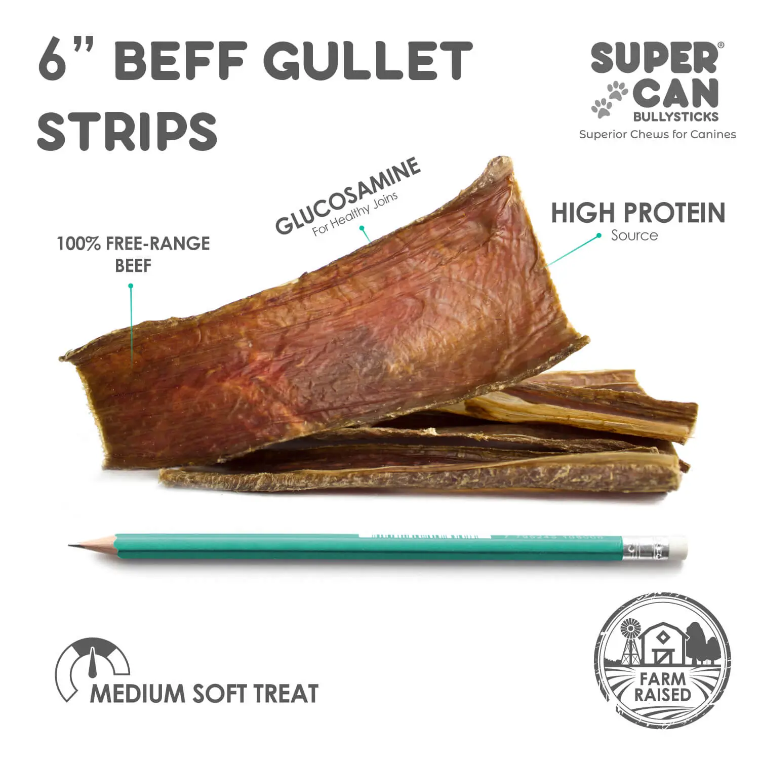 6-inch beef gullet strip with size reference — glucosamine source for healthy joints, high protein, 100% free-range beef, farm raised