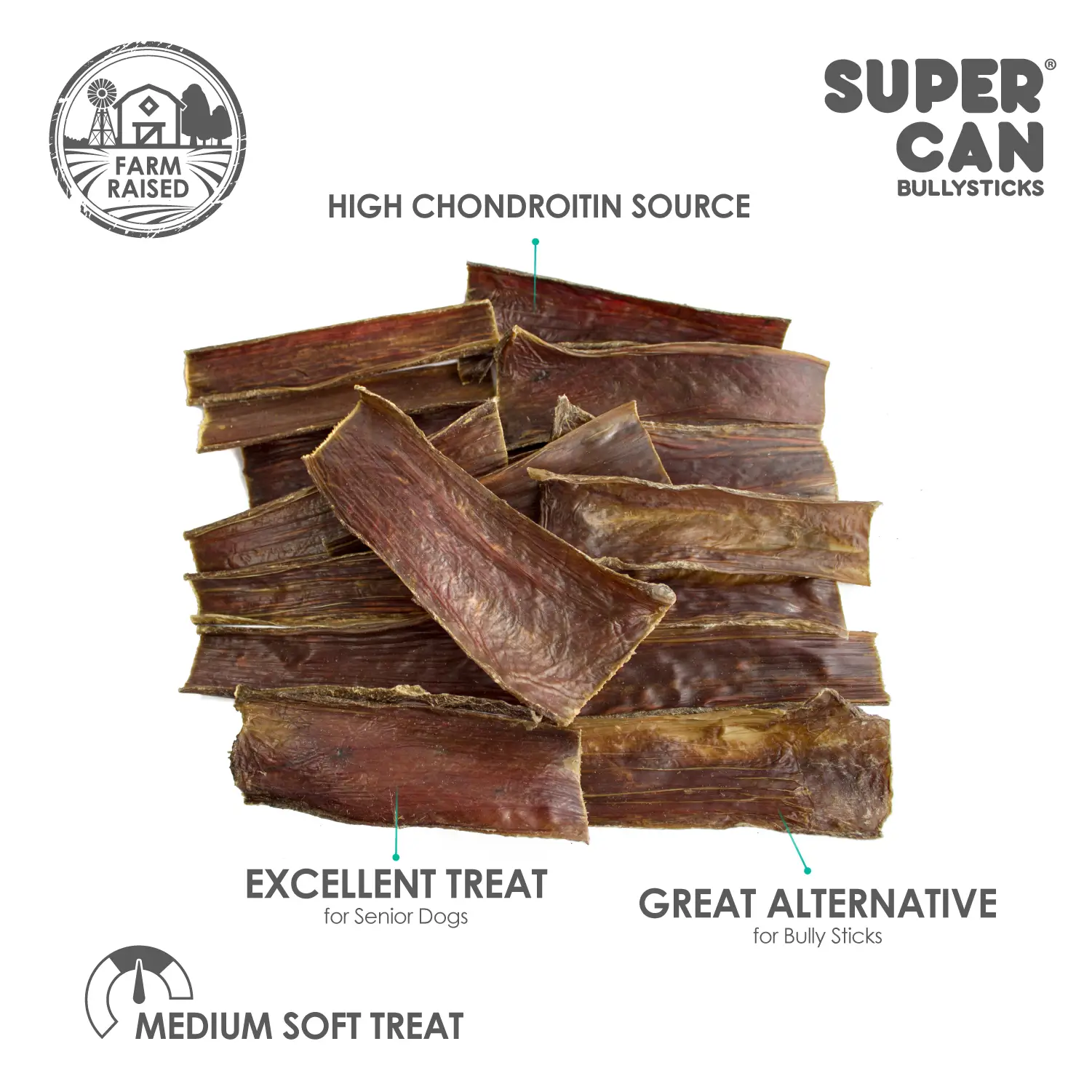 Supercan 6-inch beef gullet strips — high chondroitin source, medium soft treat, excellent for senior dogs and a great alternative to bully sticks