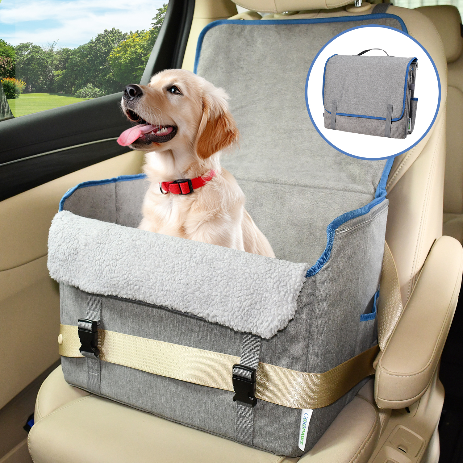 GOOPAWS Dog Car Seat for Small or Medium Dogs, Portable Dog Car Travel Bed with Clip-On Safety Leash, Briefcase Shape Waterproof Dog Booster Car Seat, Suitable for Pets Up to 25lbs