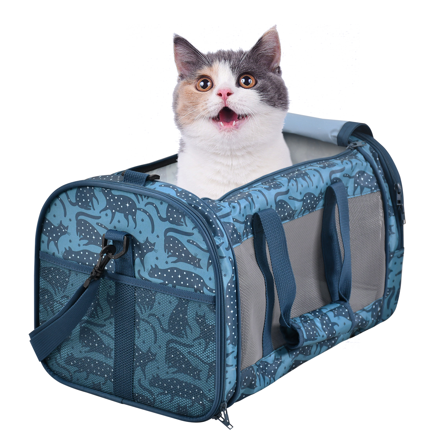 GOOPAWS Soft-Sided Travel Small Dog & Cat Carrier Bag, Blue Cat Print, 19''