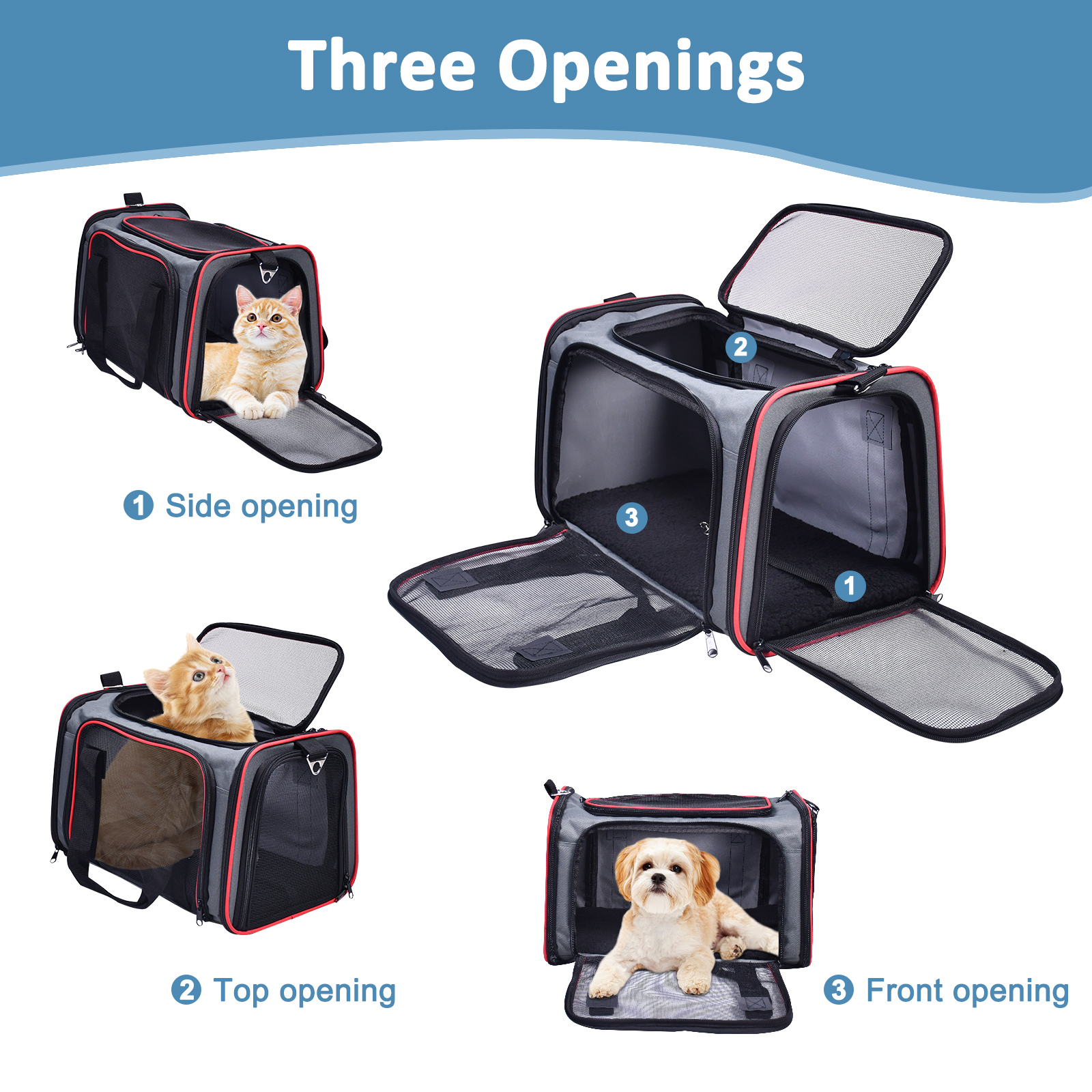 GOOPAWS Soft-Sided Travel Small Dog & Cat Carrier Bag, Gray/Red, 19'' - Image 2