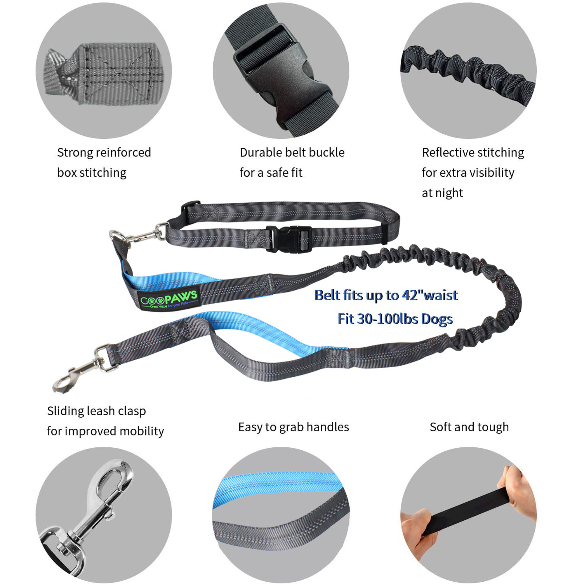 GOOPAWS No Pull Hand Free Bungee Dog Leash for Hiking, Running, Blue - Image 2