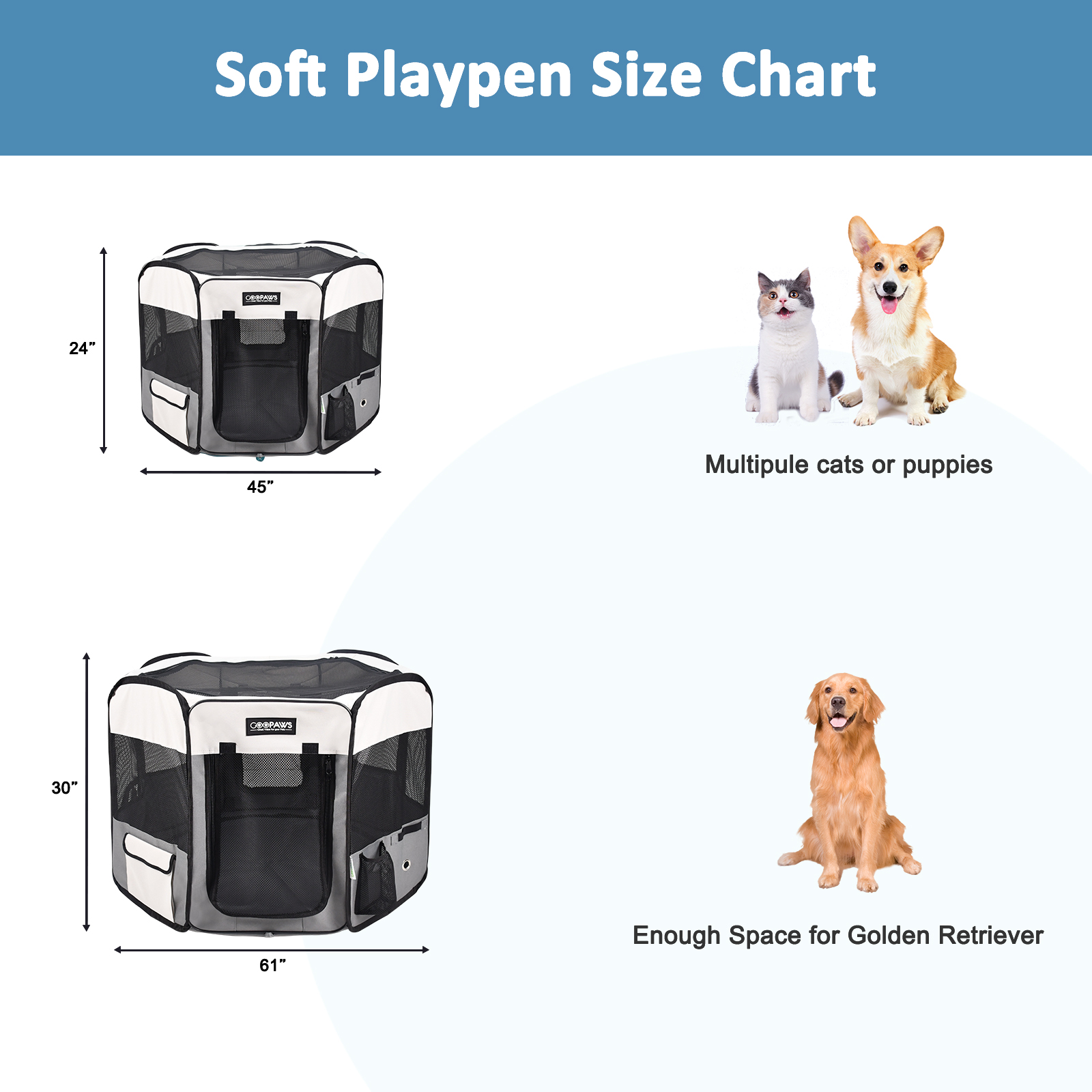 Jespet 2-Door Portable Soft-Sided Dog, Cat & Small Pet Exercise Playpen, Light Grey, 61'' - Image 6