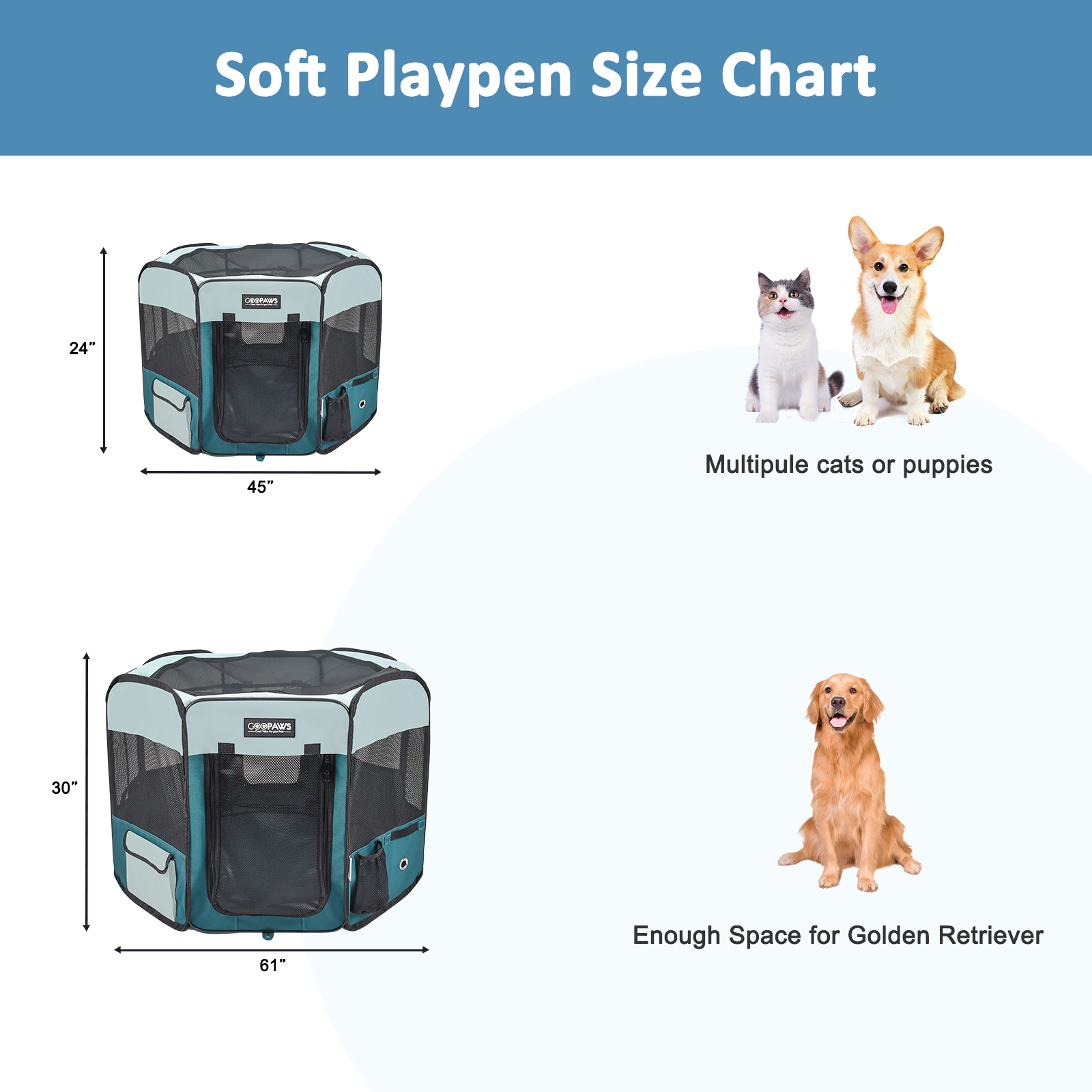 Jespet 2-Door Portable Soft-Sided Dog, Cat & Small Pet Exercise Playpen, Teal Blue, 61'' - Image 4