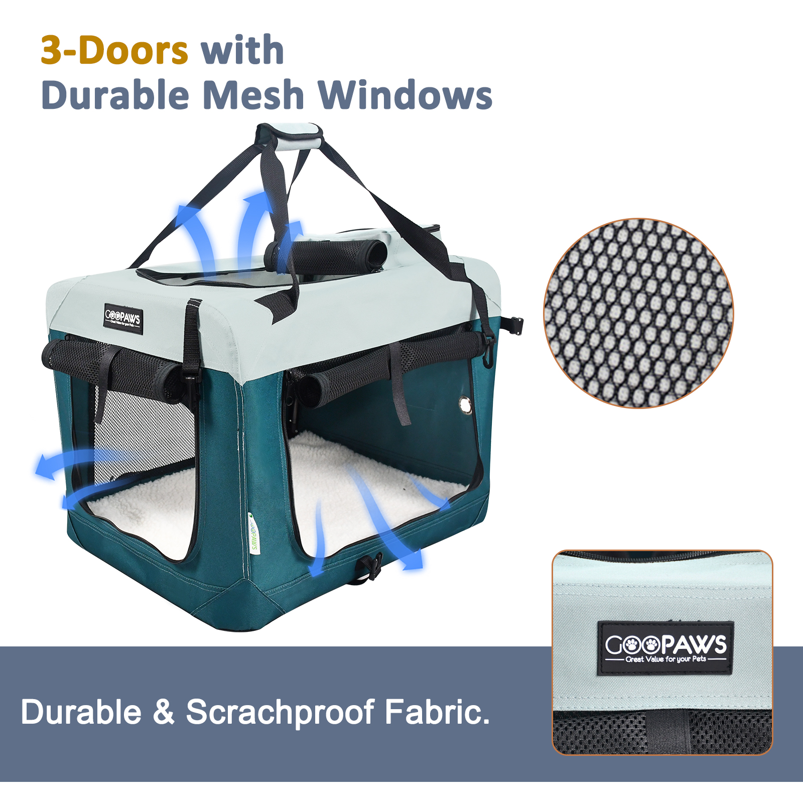 Jespet & GOOPAWS Indoor & Outdoor 3-Door Collapsible Soft-Sided Dog, Cat & Small Pet Crate, Teal Blue, 24'' - Image 6