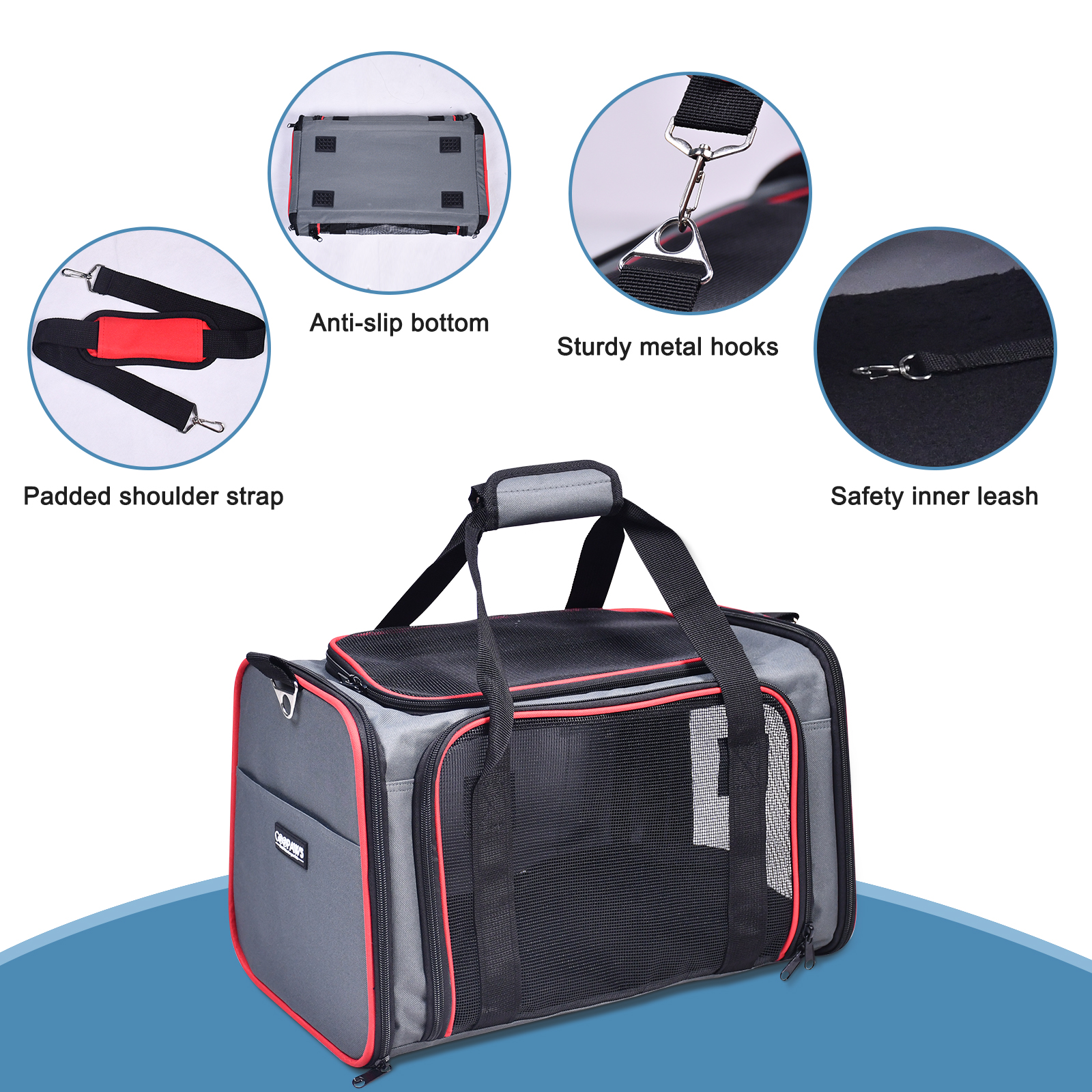 GOOPAWS Soft-Sided Travel Small Dog & Cat Carrier Bag, Gray/Red, 19'' - Image 3
