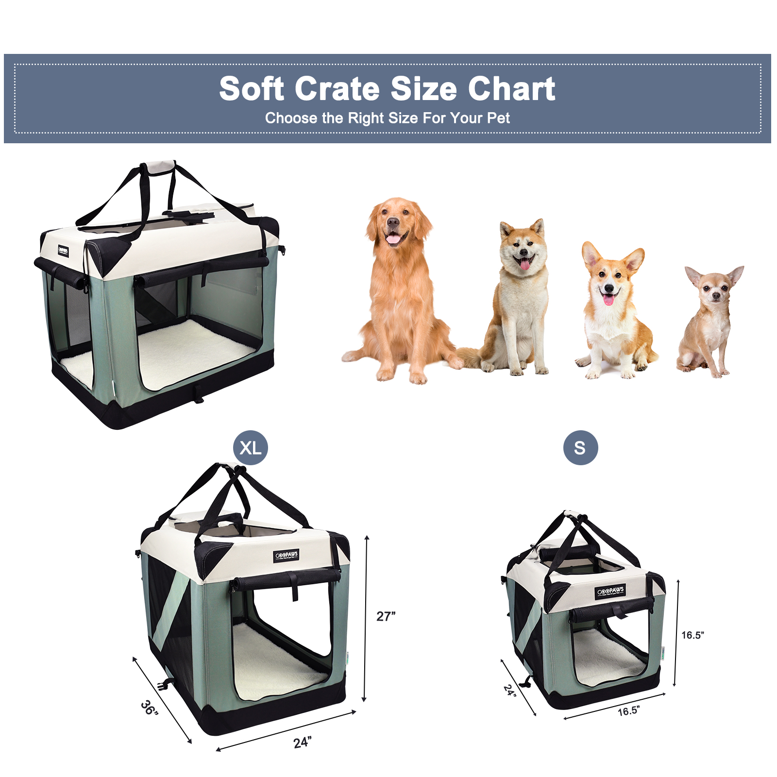 Jespet & GOOPAWS Indoor & Outdoor 3-Door Collapsible Soft-Sided Dog, Cat & Small Pet Crate, Shale Green, 24'' - Image 5