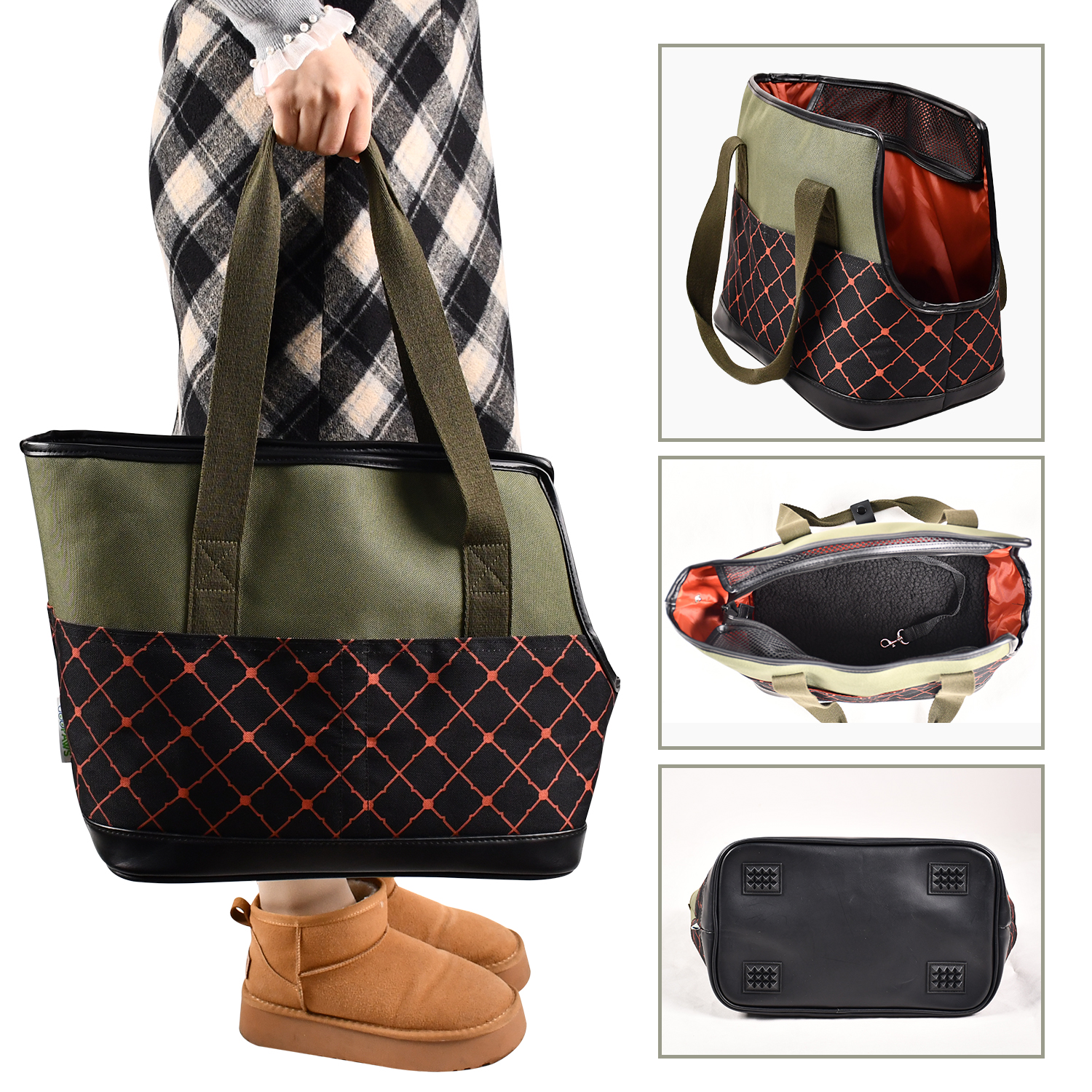 GOOPAWS Dog Purse Carrier for Small Dogs, Soft-Sided Tote Bags with Pocket Dog Travel Supplies Portable Dog Sling with Anti-Slip Bottom, Green, 19"L x 9"W x 12.6"H - Image 3