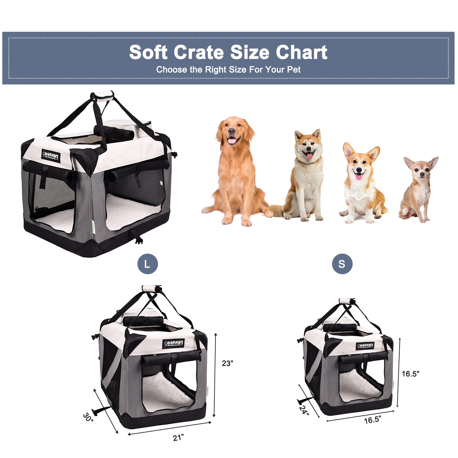 Jespet & GOOPAWS Indoor & Outdoor 3-Door Collapsible Soft-Sided Dog, Cat & Small Pet Crate, Light Grey, 24'' - Image 5