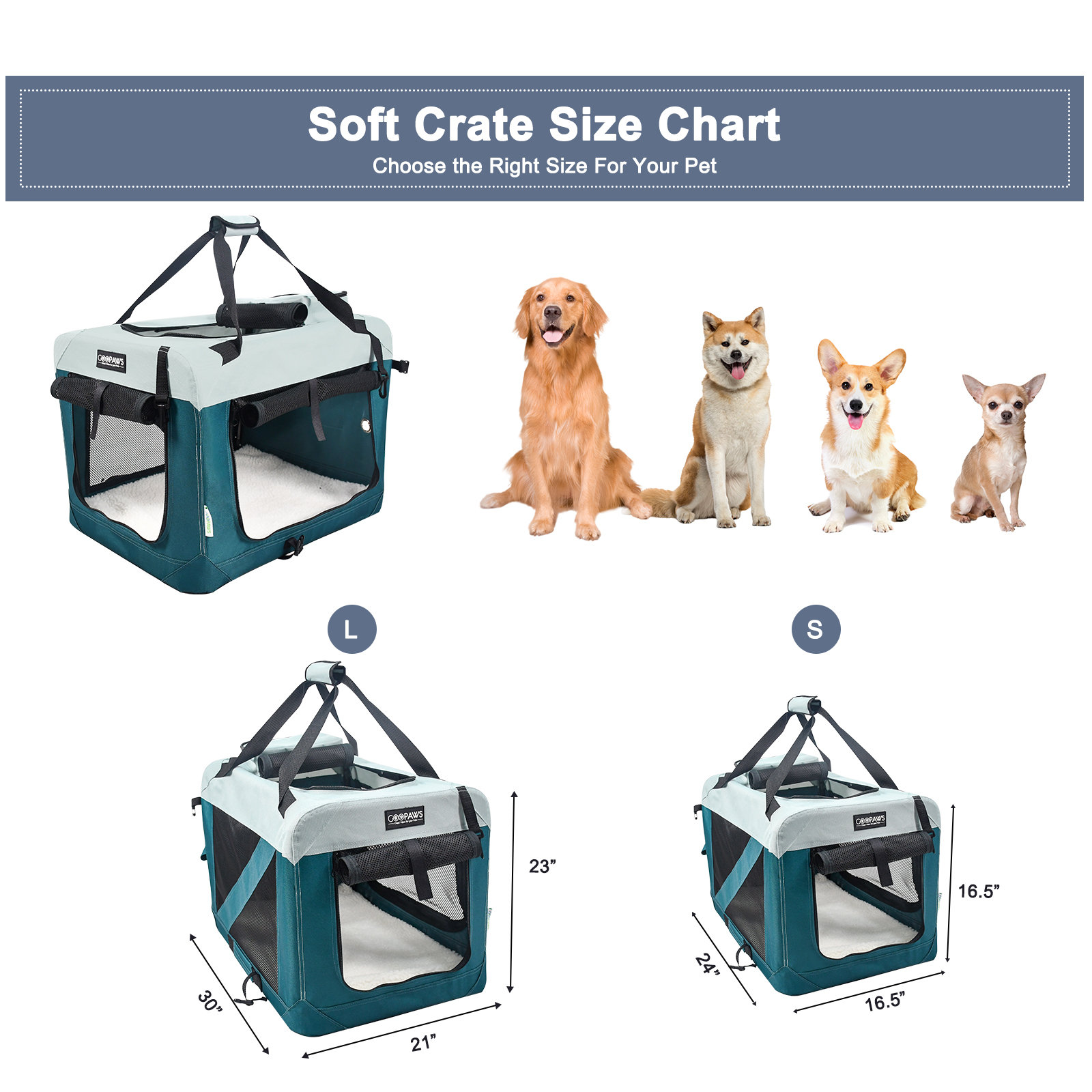Jespet & GOOPAWS Indoor & Outdoor 3-Door Collapsible Soft-Sided Dog, Cat & Small Pet Crate, Teal Blue, 24'' - Image 5