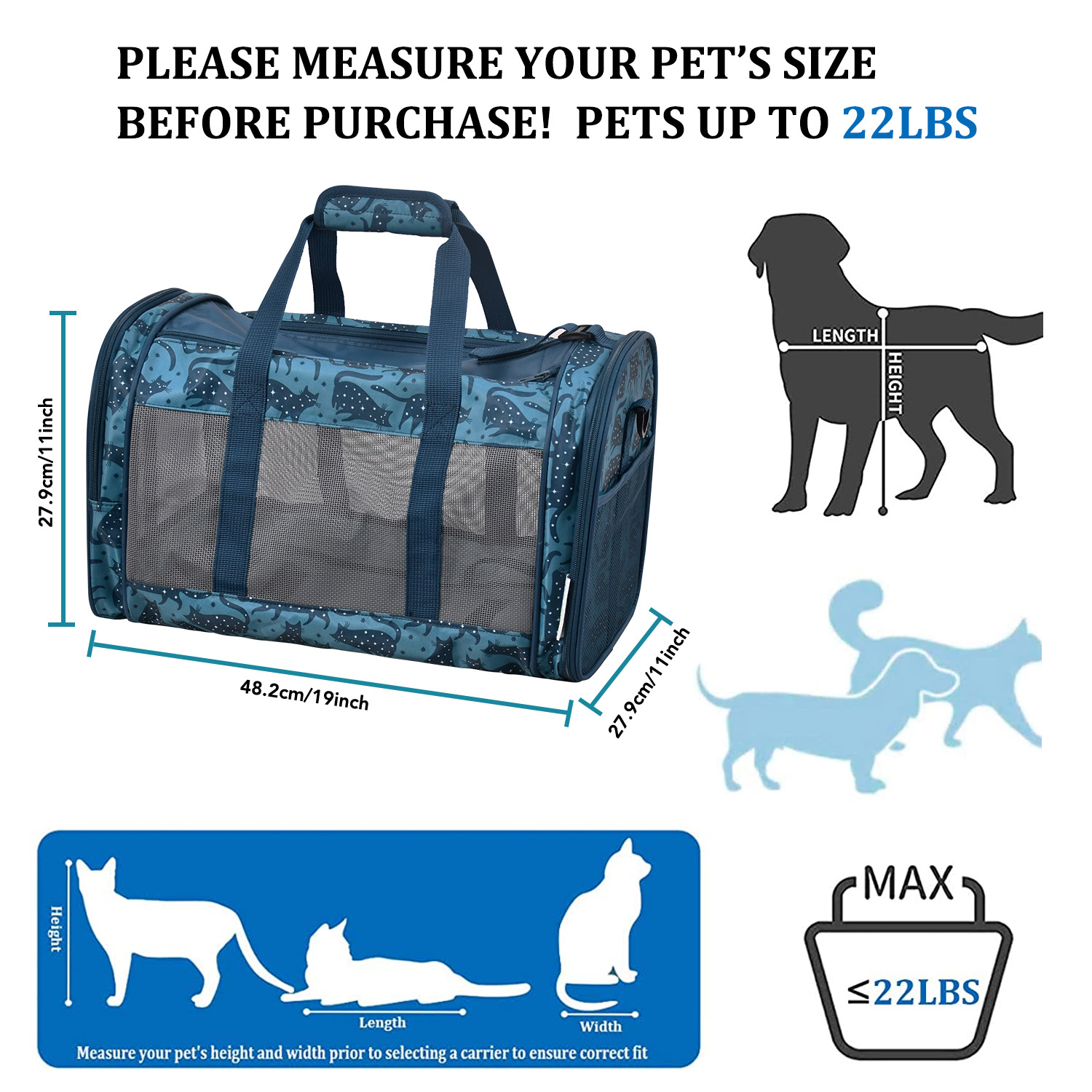 GOOPAWS Soft-Sided Travel Small Dog & Cat Carrier Bag, Blue Cat Print, 19'' - Image 5