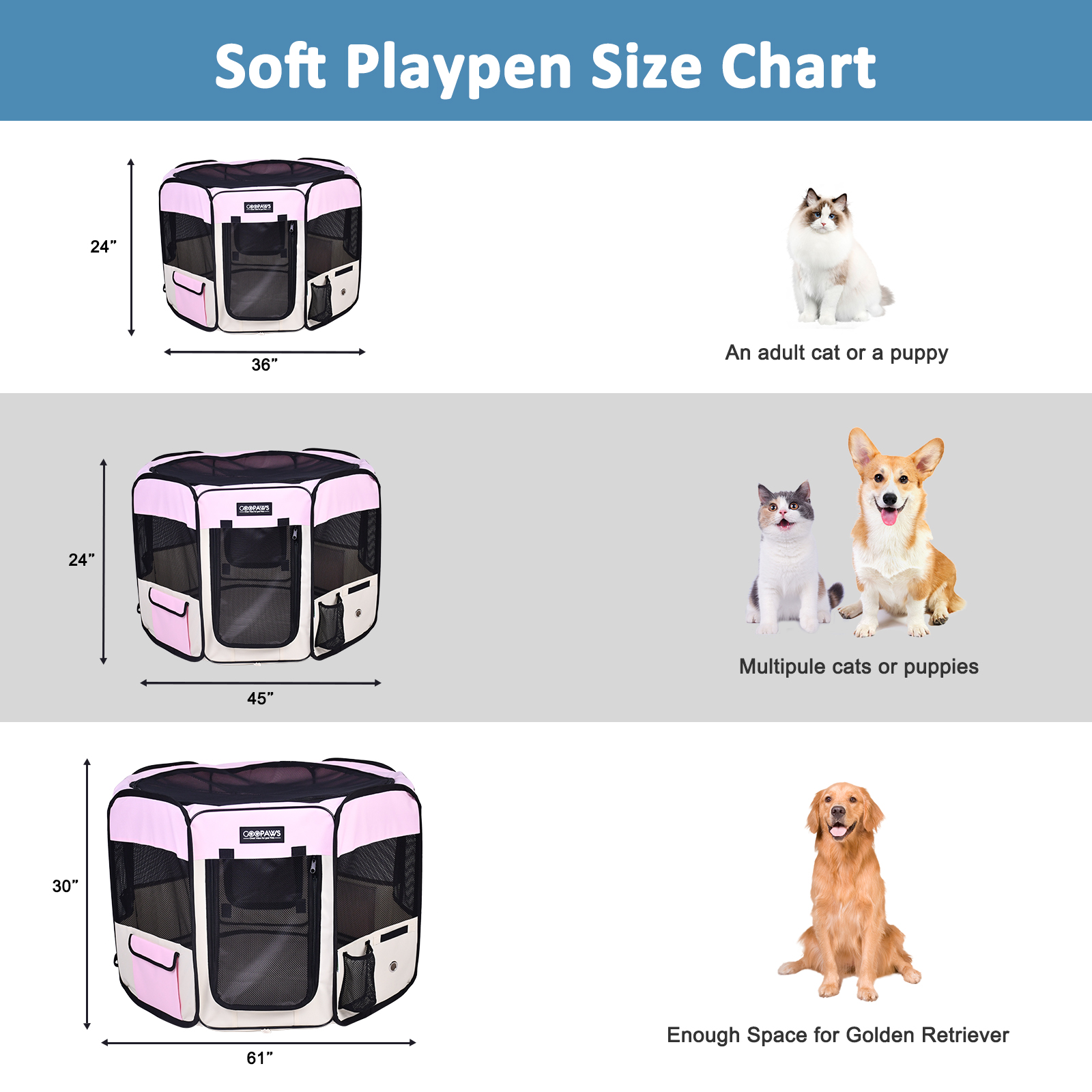 Jespet 2-Door Portable Soft-Sided Dog, Cat & Small Pet Exercise Playpen, Pink, 45'' - Image 3