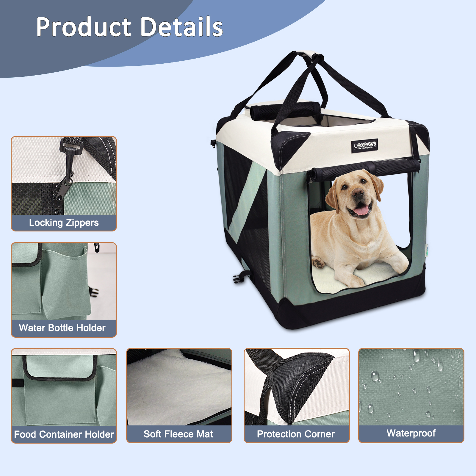 Jespet & GOOPAWS Indoor & Outdoor 3-Door Collapsible Soft-Sided Dog, Cat & Small Pet Crate, Shale Green, 24'' - Image 4