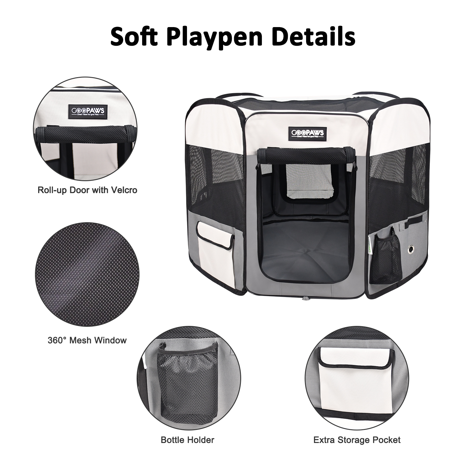 Jespet 2-Door Portable Soft-Sided Dog, Cat & Small Pet Exercise Playpen, Light Grey, 61'' - Image 5