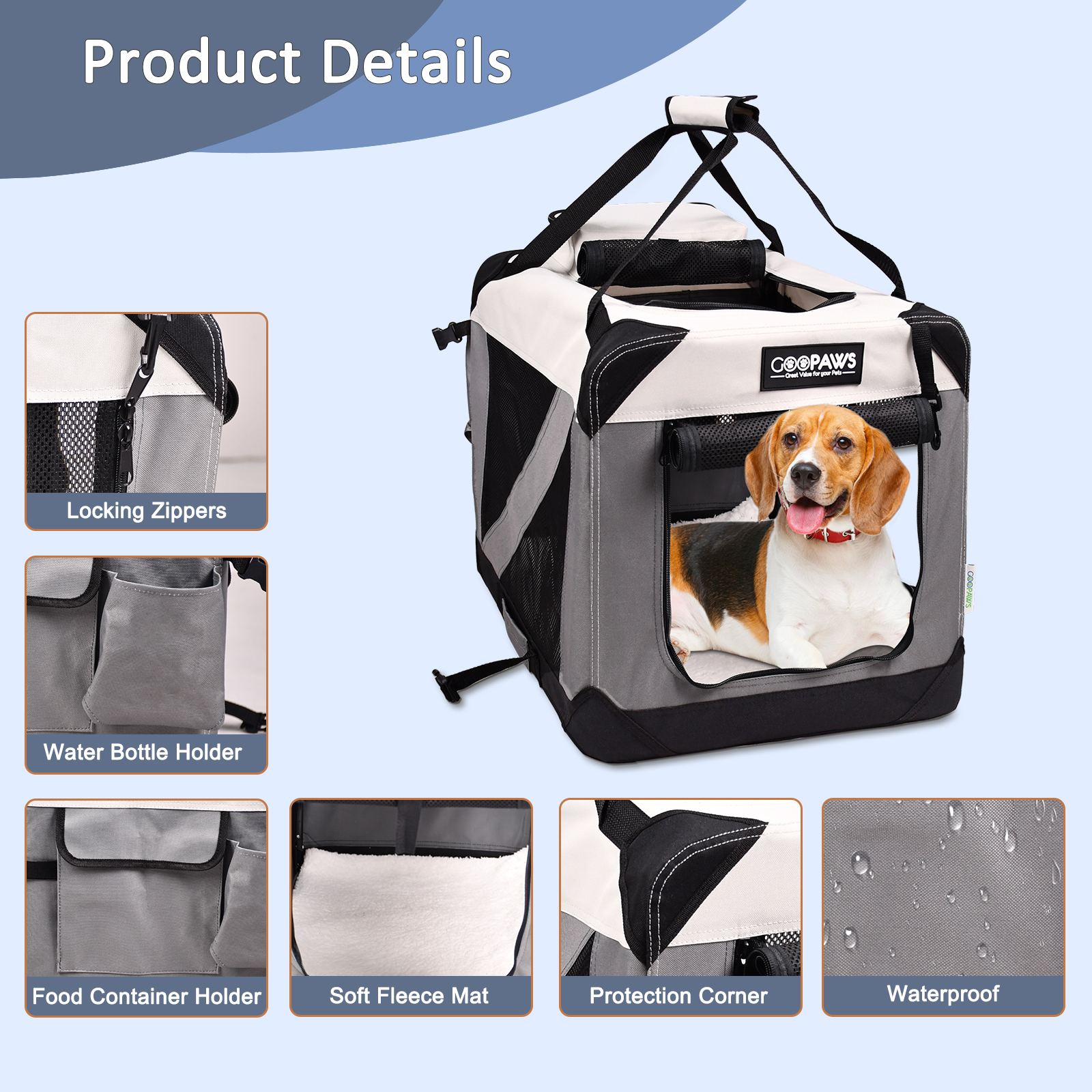 Jespet & GOOPAWS Indoor & Outdoor 3-Door Collapsible Soft-Sided Dog, Cat & Small Pet Crate, Light Grey, 24'' - Image 4