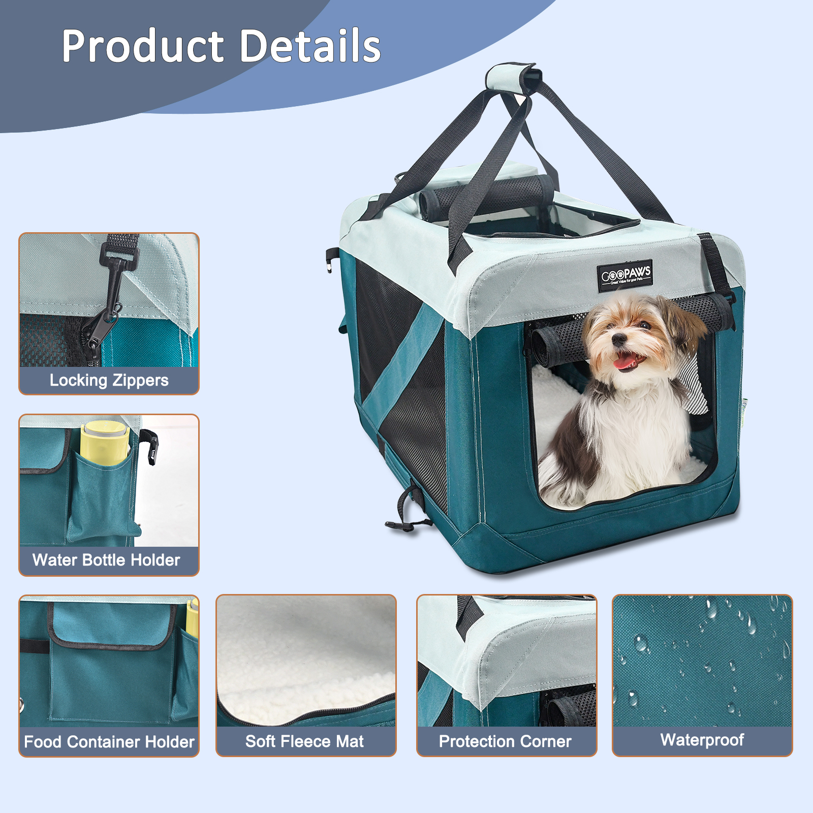 Jespet & GOOPAWS Indoor & Outdoor 3-Door Collapsible Soft-Sided Dog, Cat & Small Pet Crate, Teal Blue, 24'' - Image 2