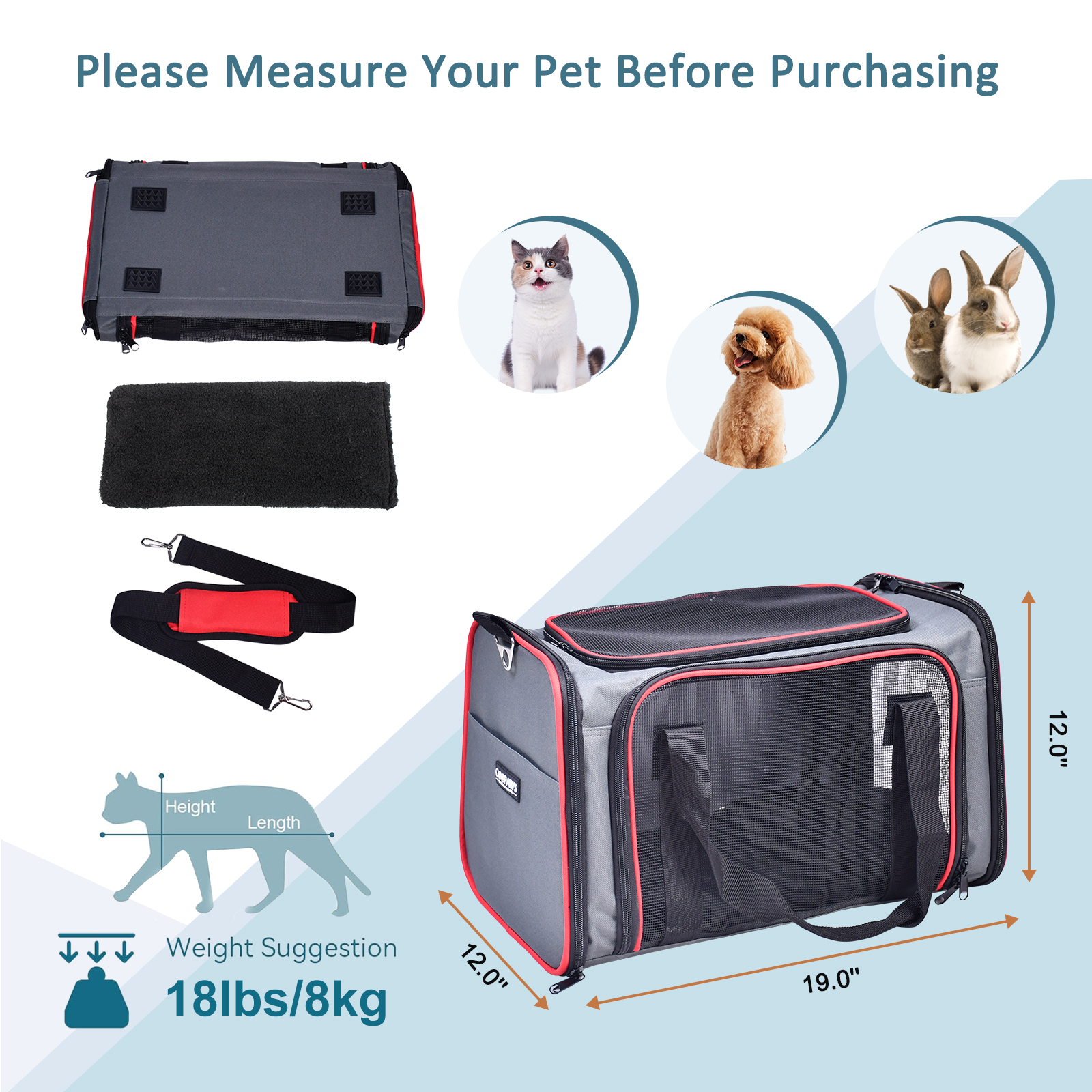 GOOPAWS Soft-Sided Travel Small Dog & Cat Carrier Bag, Gray/Red, 19'' - Image 5