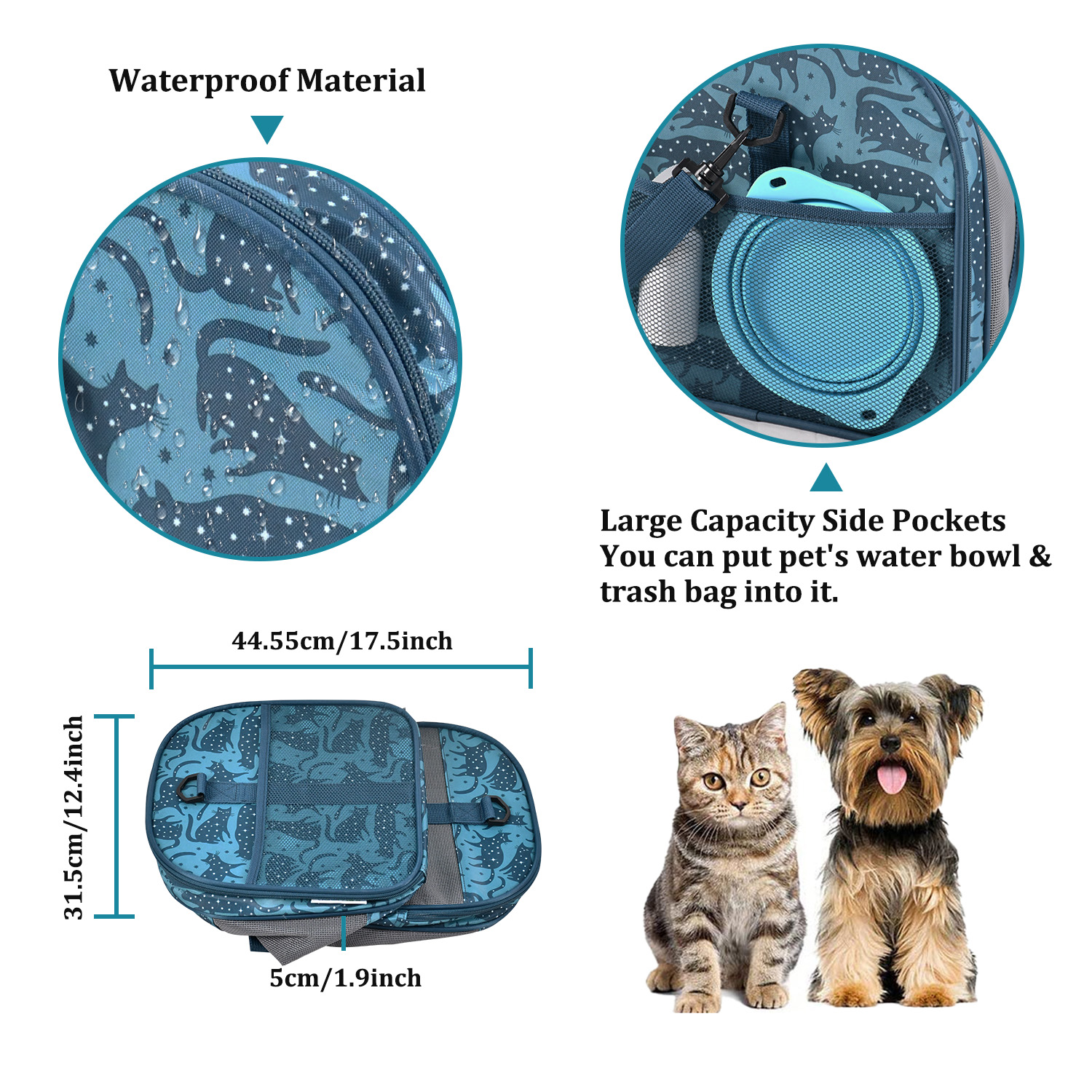 GOOPAWS Soft-Sided Travel Small Dog & Cat Carrier Bag, Blue Cat Print, 19'' - Image 3