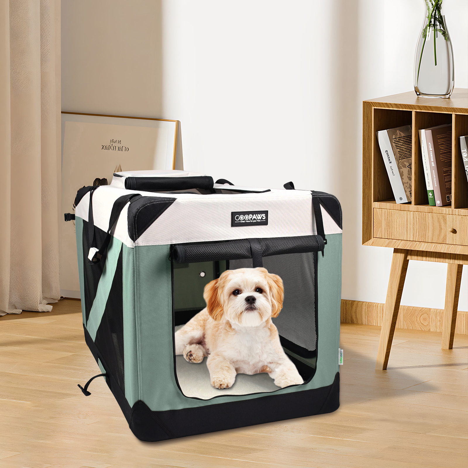 Jespet & GOOPAWS Indoor & Outdoor 3-Door Collapsible Soft-Sided Dog, Cat & Small Pet Crate, Shale Green, 24'' - Image 2