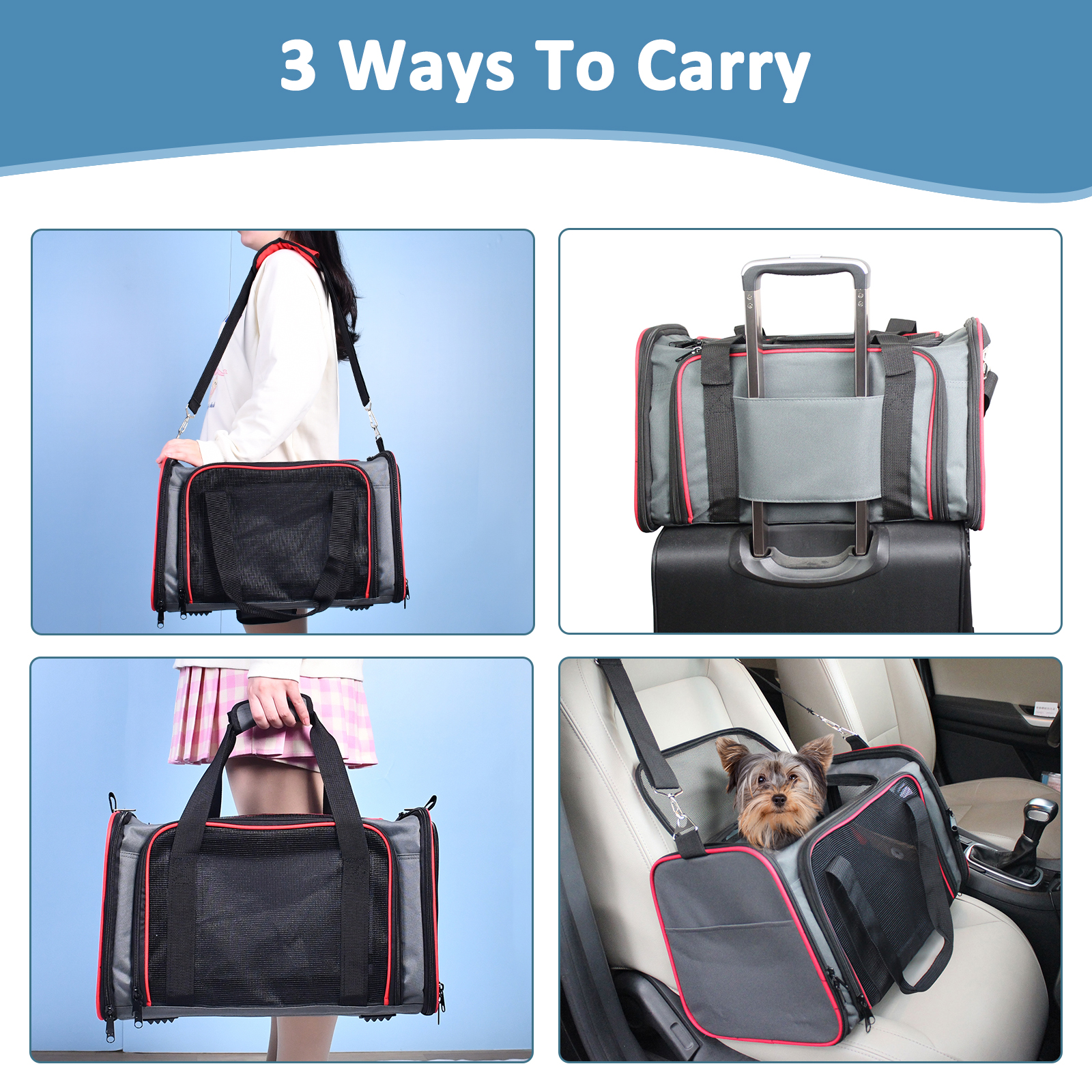 GOOPAWS Soft-Sided Travel Small Dog & Cat Carrier Bag, Gray/Red, 19'' - Image 6
