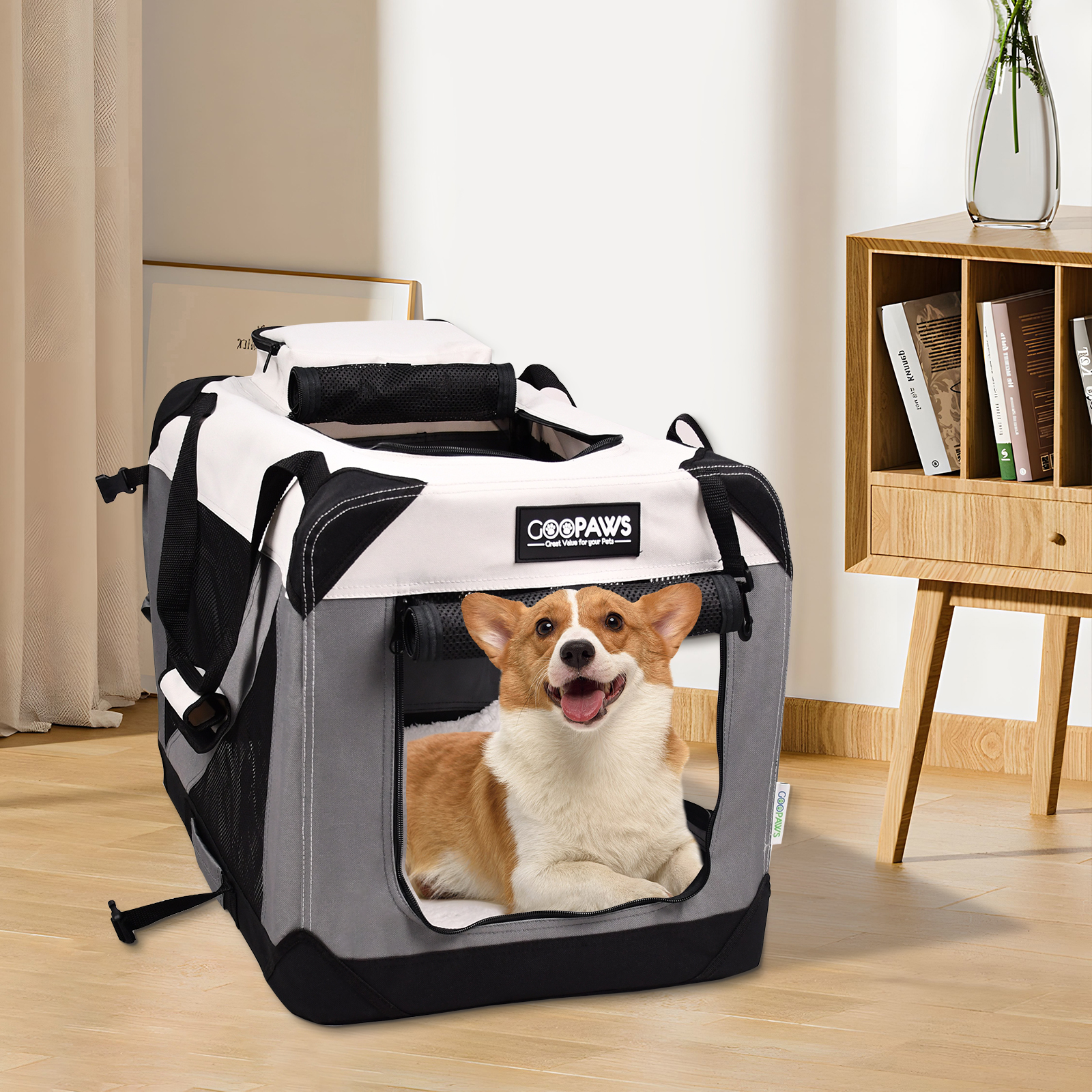 Jespet & GOOPAWS Indoor & Outdoor 3-Door Collapsible Soft-Sided Dog, Cat & Small Pet Crate, Light Grey, 24'' - Image 2