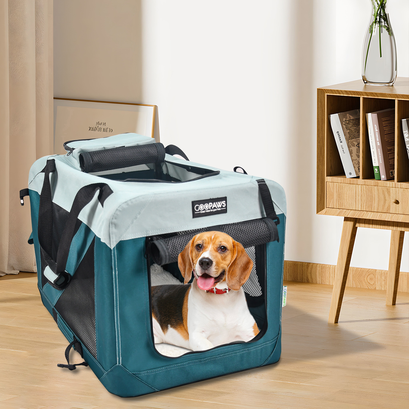 Jespet & GOOPAWS Indoor & Outdoor 3-Door Collapsible Soft-Sided Dog, Cat & Small Pet Crate, Teal Blue, 24'' - Image 4