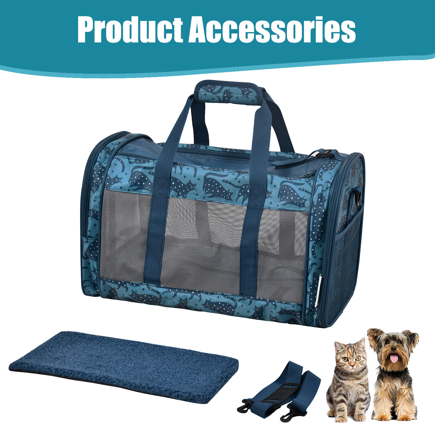 GOOPAWS Soft-Sided Travel Small Dog & Cat Carrier Bag, Blue Cat Print, 19'' - Image 2