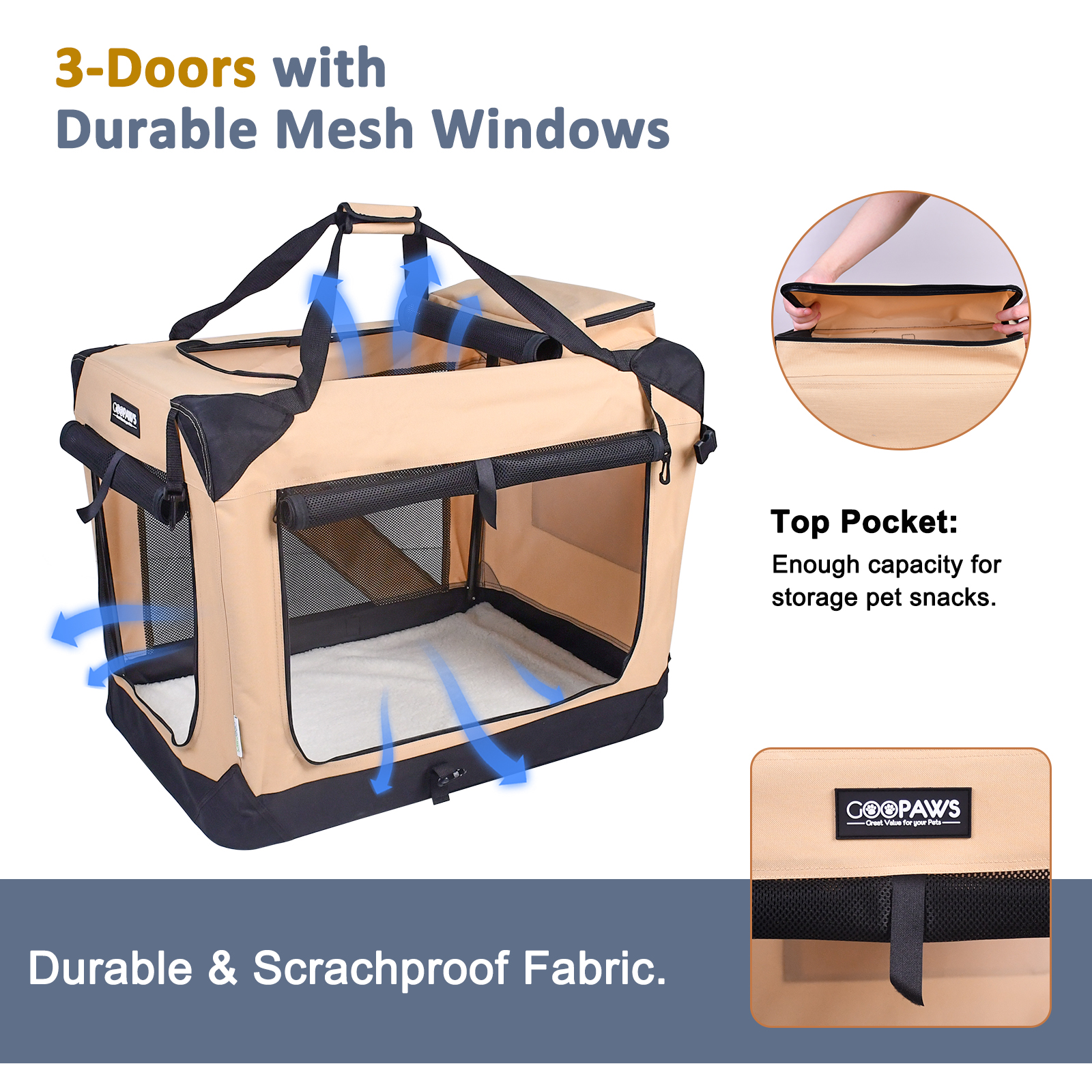 Jespet Indoor & Outdoor 3-Door Collapsible Soft-Sided Dog, Cat & Small Pet Crate, Beige, 36'' - Image 6