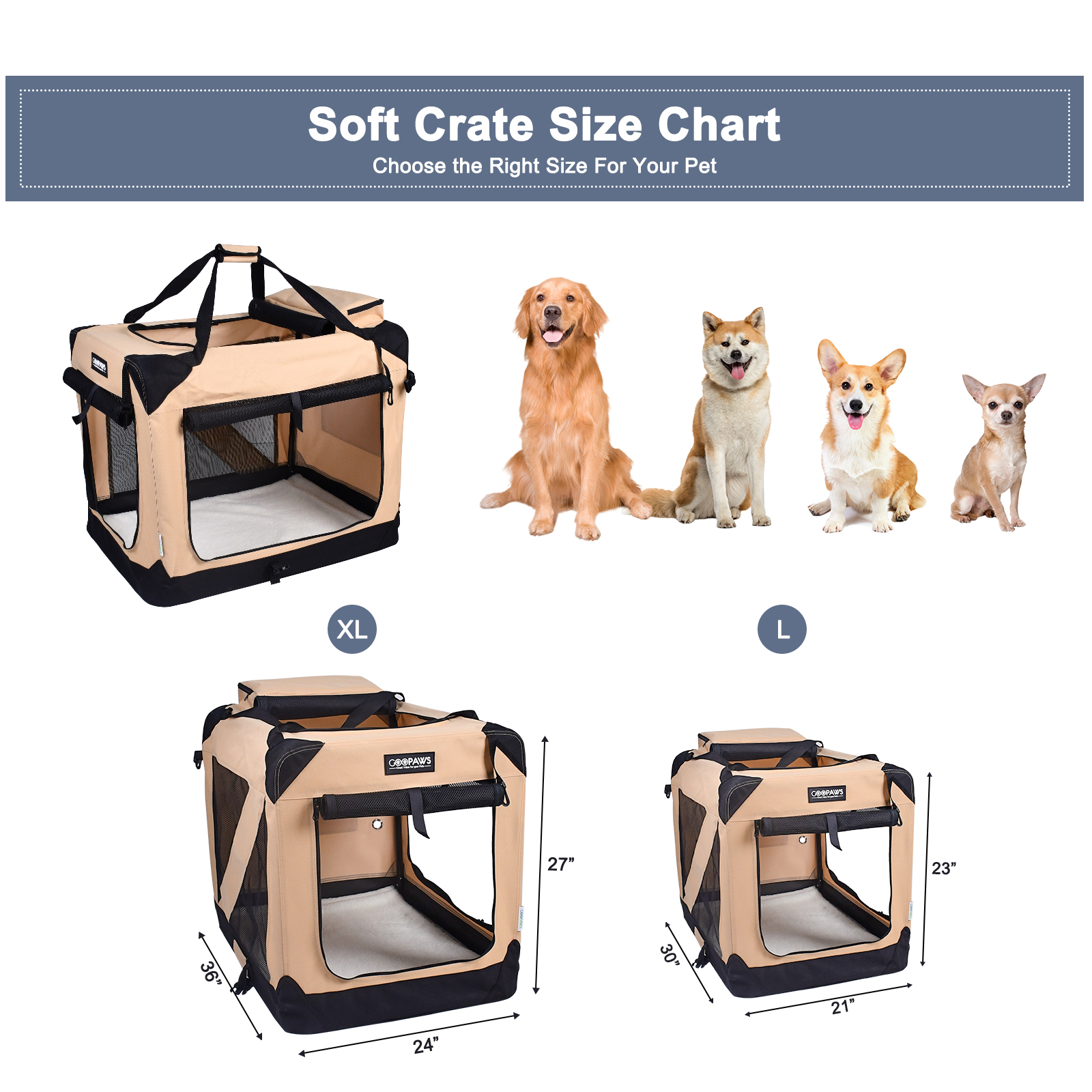 Jespet Indoor & Outdoor 3-Door Collapsible Soft-Sided Dog, Cat & Small Pet Crate, Beige, 36'' - Image 5