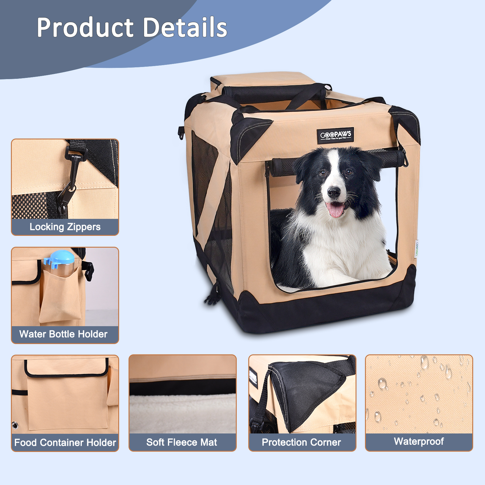 Jespet Indoor & Outdoor 3-Door Collapsible Soft-Sided Dog, Cat & Small Pet Crate, Beige, 36'' - Image 4