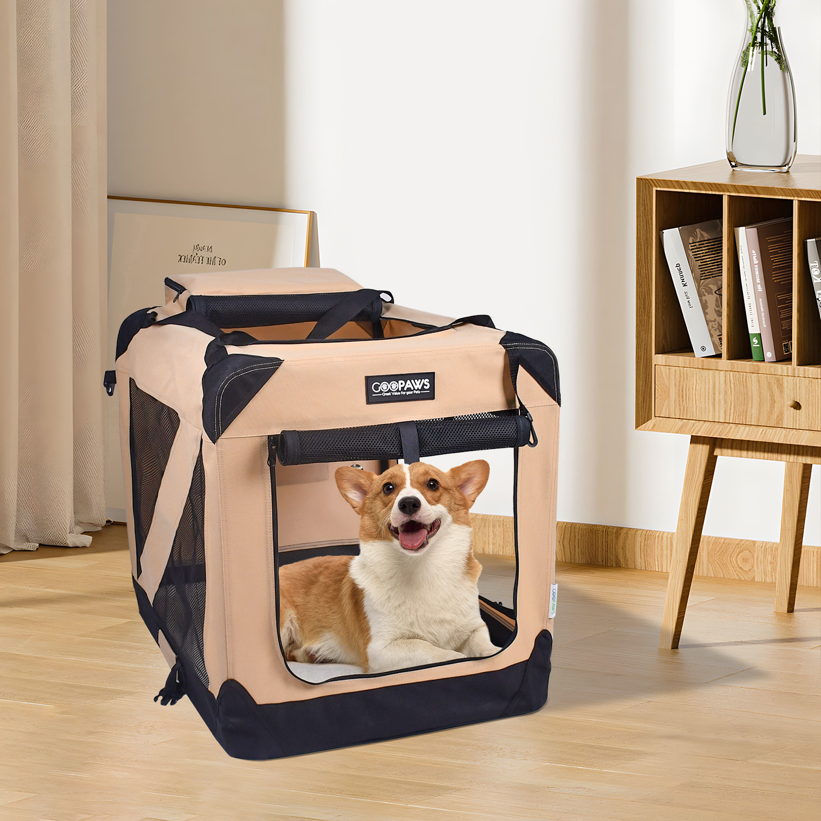 Jespet Indoor & Outdoor 3-Door Collapsible Soft-Sided Dog, Cat & Small Pet Crate, Beige, 36'' - Image 2